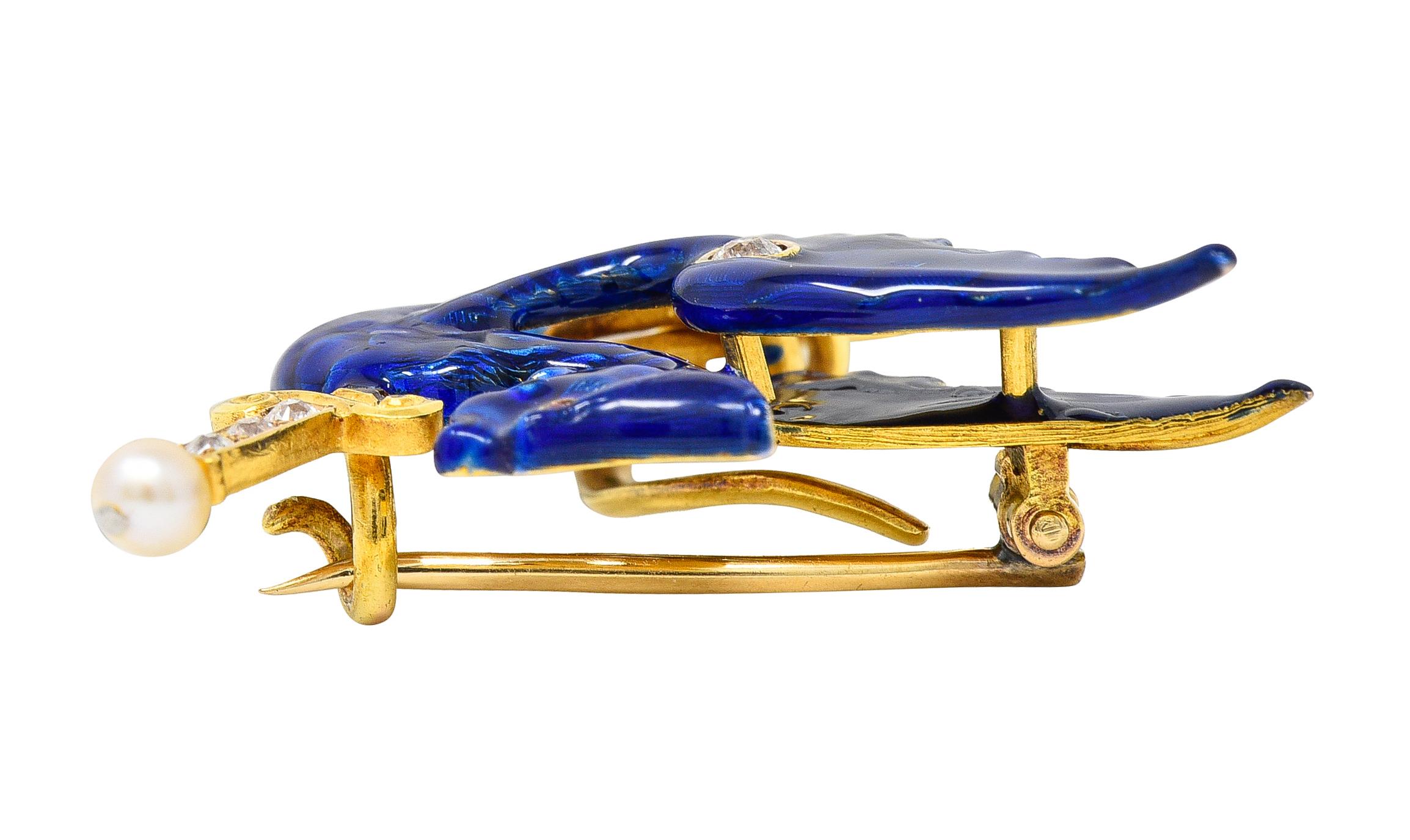 Riker Bros Art Nouveau Diamond Blue Enamel 14 Karat Gold Serpent Dragon Brooch For Sale 1