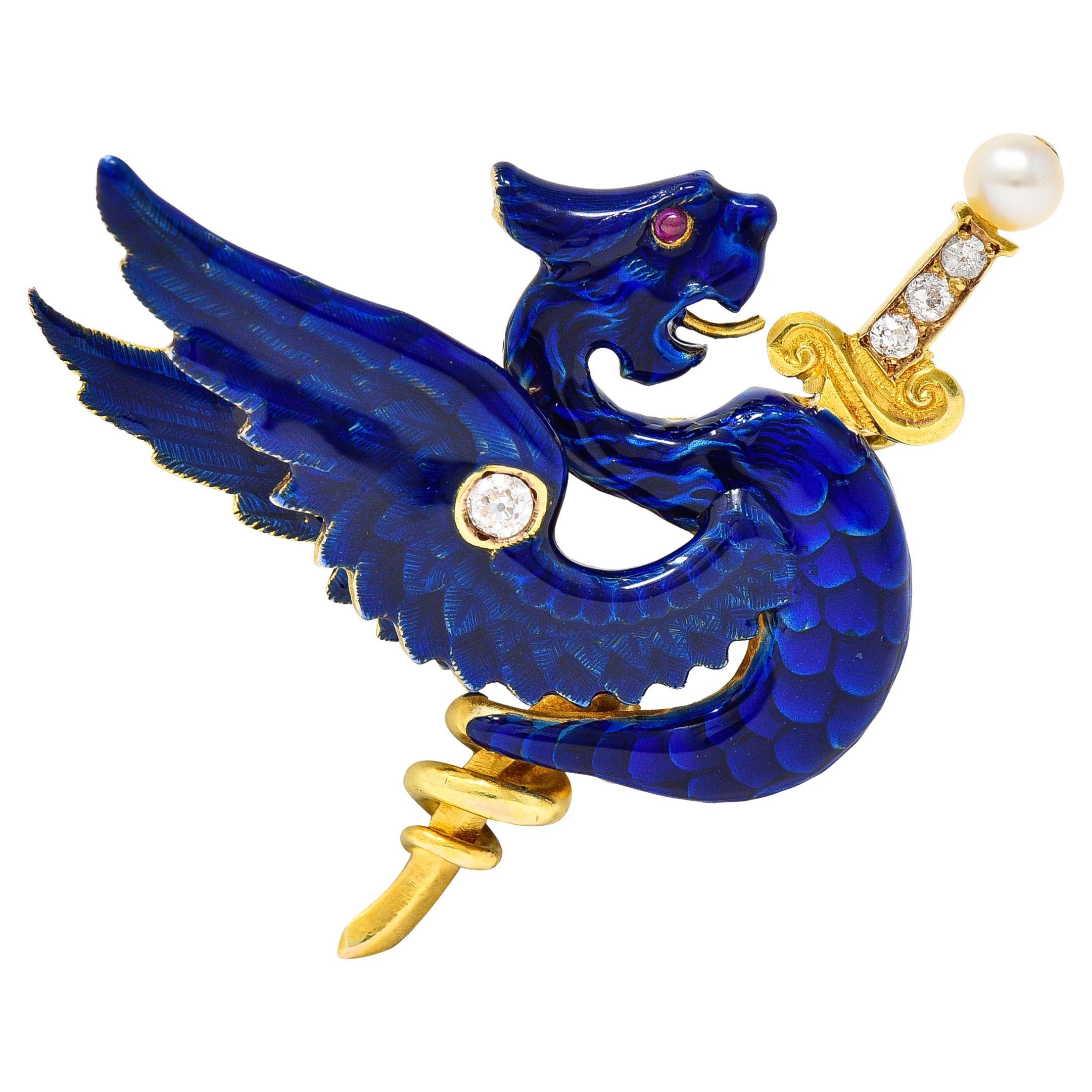 Riker Bros Broche dragon serpent en or 14 carats, émail bleu et diamants style Art nouveau