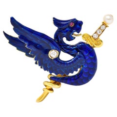 Riker Bros Broche dragon serpent en or 14 carats, émail bleu et diamants style Art nouveau