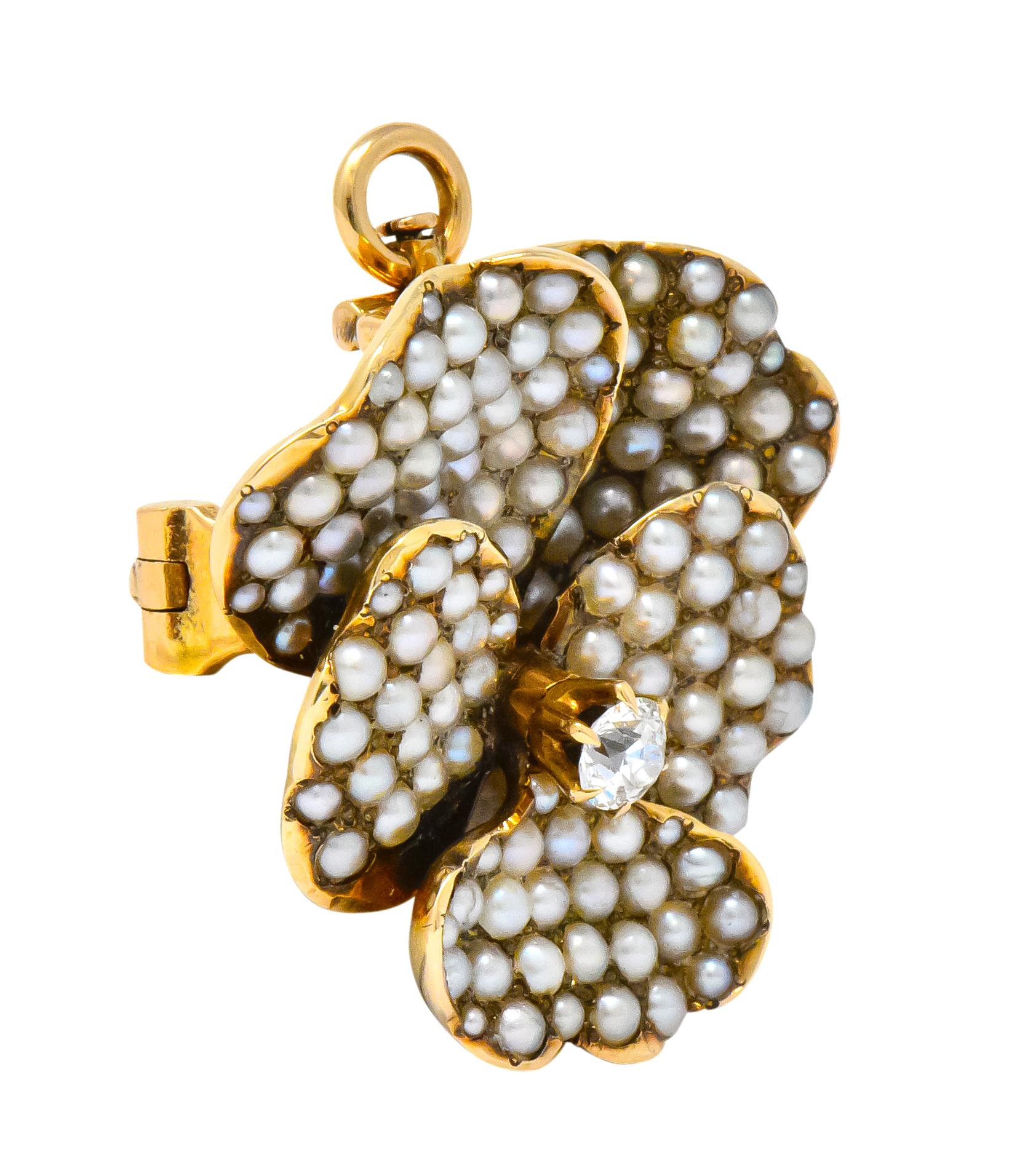 Old European Cut Riker Bros. Art Nouveau Diamond Seed Pearl 14 Karat Gold Pansy Pendant Brooch