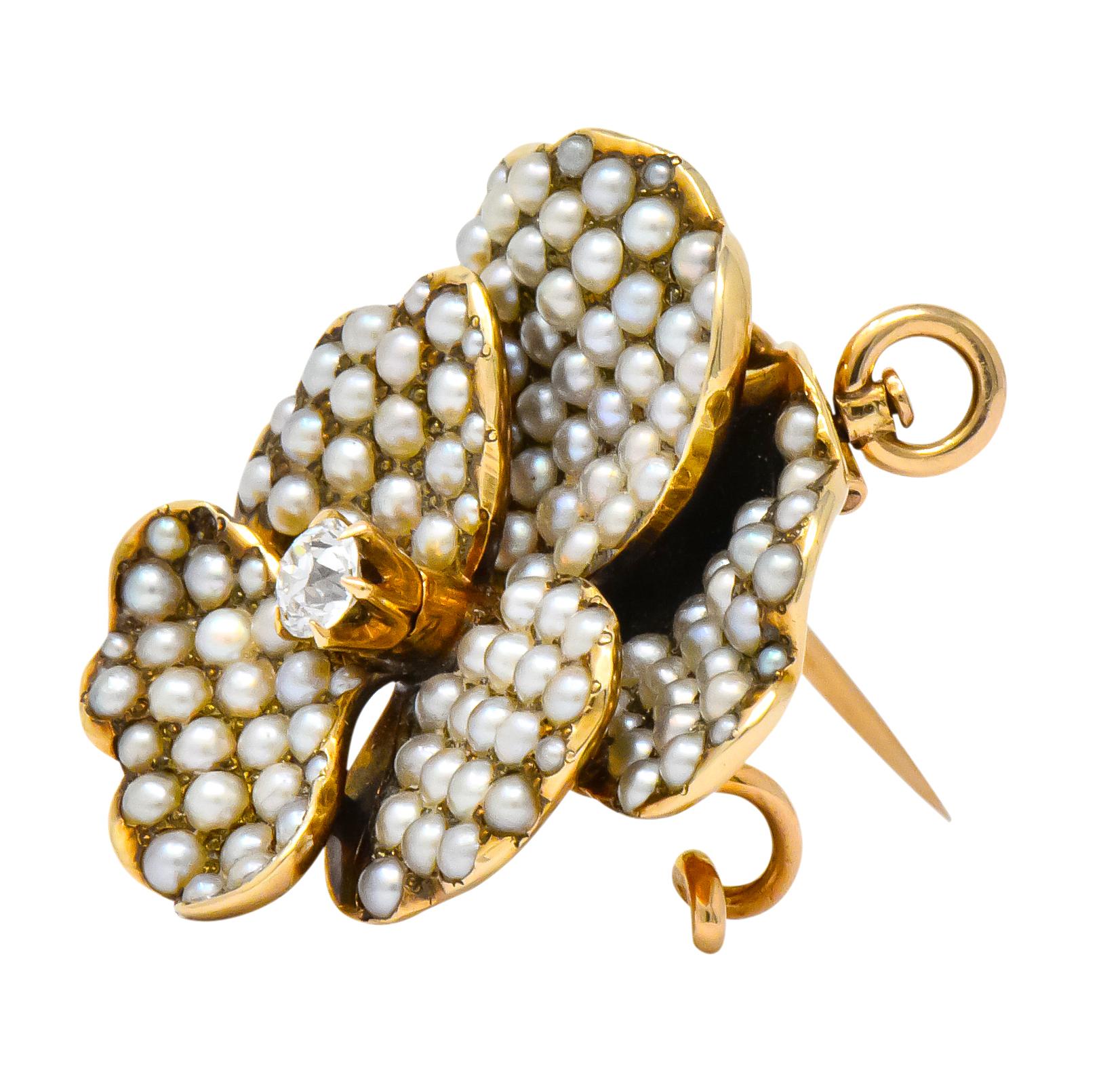 Riker Bros. Art Nouveau Diamond Seed Pearl 14 Karat Gold Pansy Pendant Brooch 1