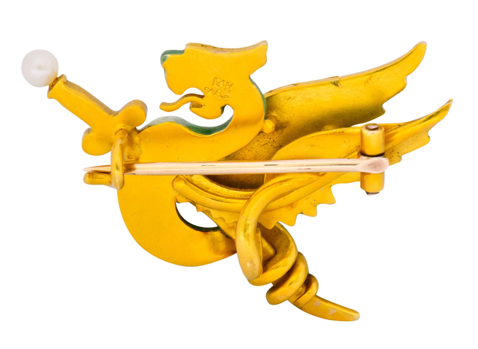 Riker Bros. Art Nouveau Enamel Ruby Diamond Pearl Serpent Dragon Sword Brooch 1