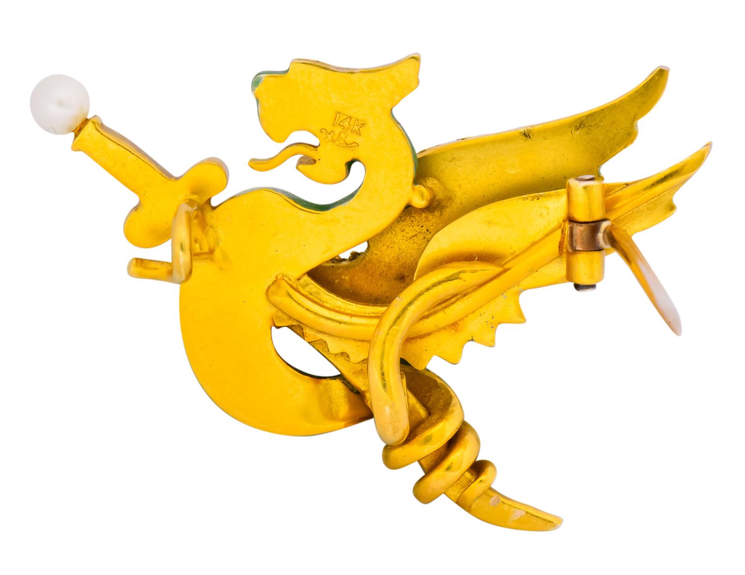 Riker Bros. Art Nouveau Enamel Ruby Diamond Pearl Serpent Dragon Sword Brooch 2