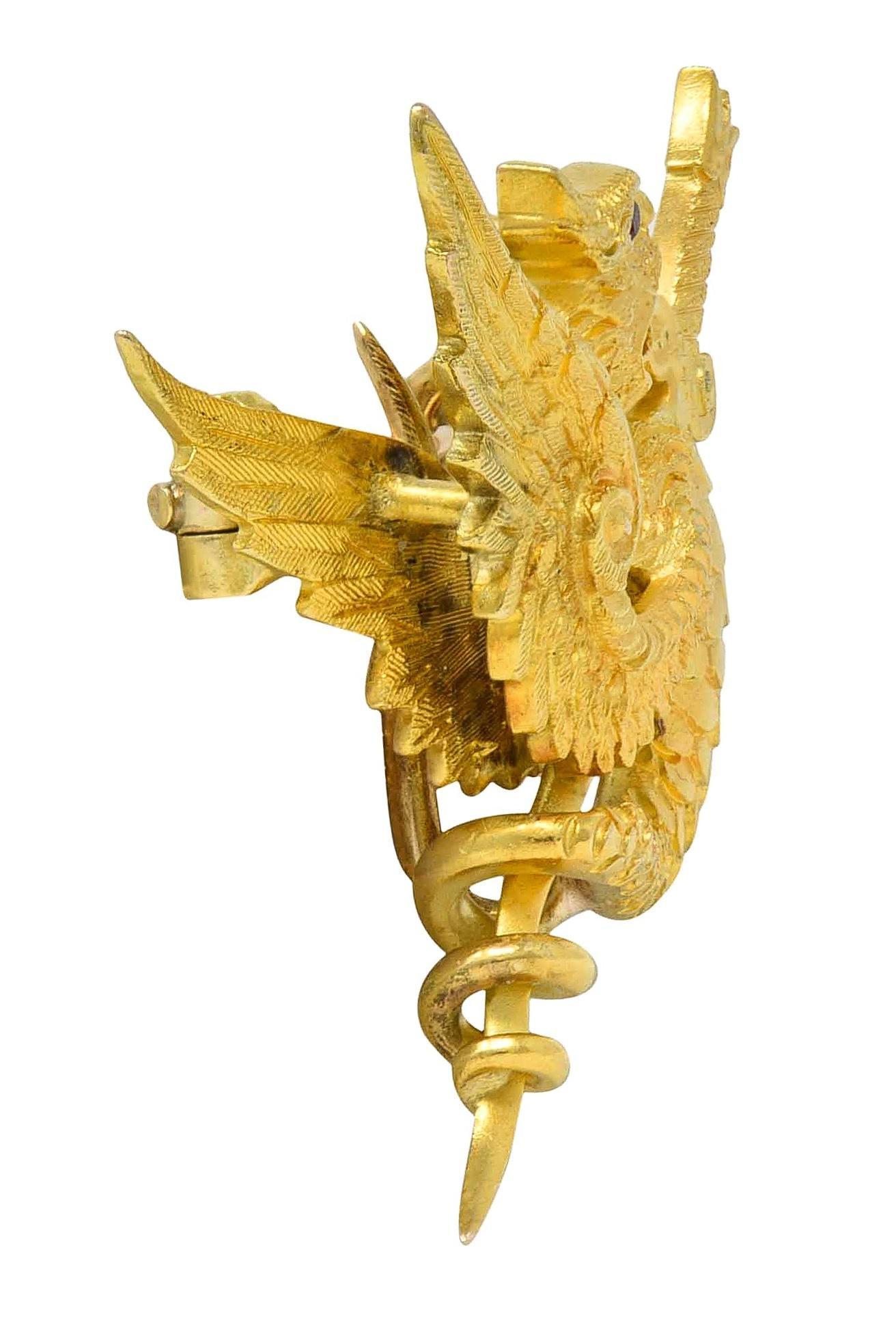 Art nouveau Arte Antiques Garnet 14K Gold Dragon Sword Antique Pendentif Broche en vente