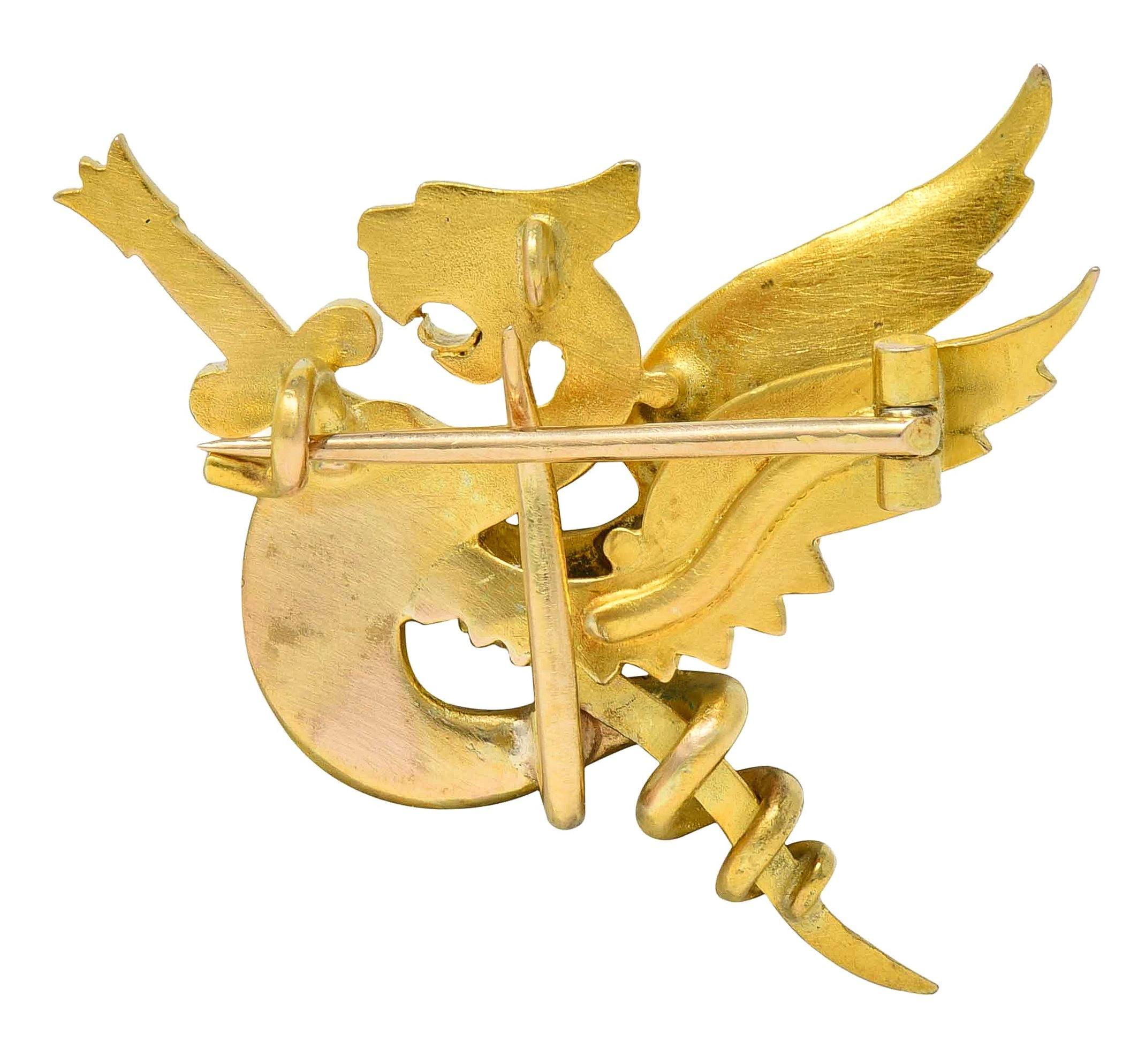 Taille ronde Arte Antiques Garnet 14K Gold Dragon Sword Antique Pendentif Broche en vente