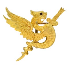 Riker Bros Art Nouveau Granate Oro 14K Espada Dragón Antiguo Colgante Broche