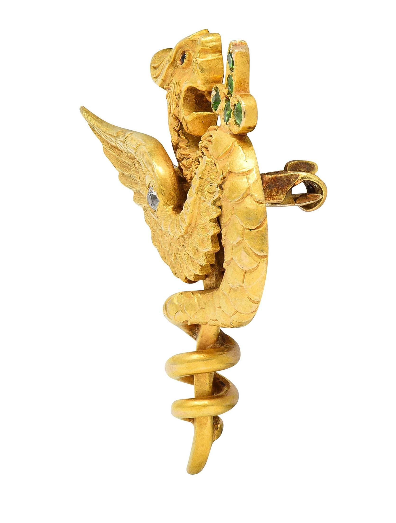 Round Cut Riker Bros Art Nouveau Multi-Gem 14K Gold Dragon Sword Antique Brooch For Sale