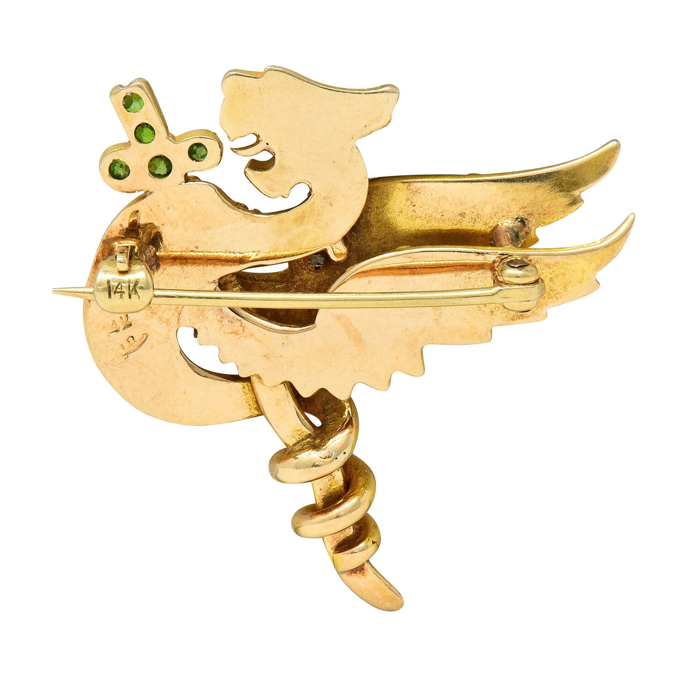 Riker Bros Art Nouveau Multi-Gem 14K Gold Dragon Sword Antique Brooch In Excellent Condition For Sale In Philadelphia, PA