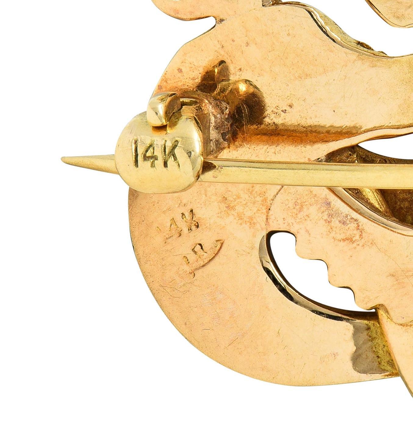 Women's or Men's Riker Bros Art Nouveau Multi-Gem 14K Gold Dragon Sword Antique Brooch For Sale
