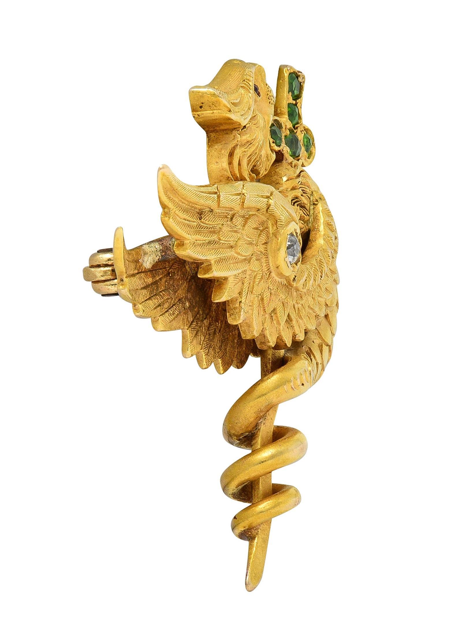 Riker Bros Art Nouveau Multi-Gem 14K Gold Dragon Sword Antique Brooch For Sale 1