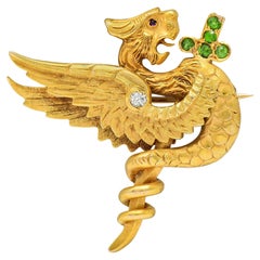 Riker Bros Art Nouveau Multi-Gem 14K Gold Dragon Sword Antique Brooch