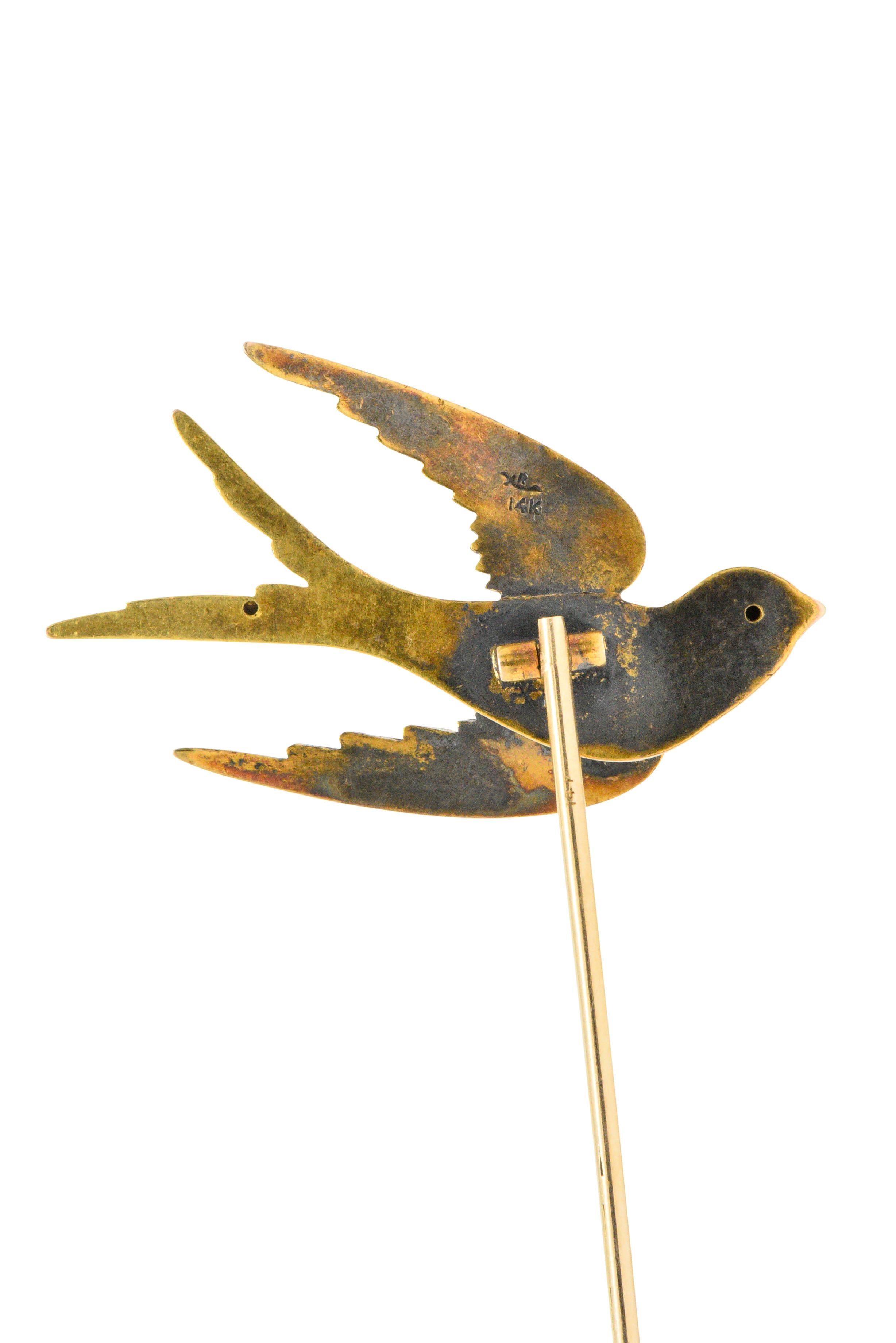 Riker Bros Art Nouveau Ruby 14 Karat Gold Bird Hat Pin In Excellent Condition In Philadelphia, PA