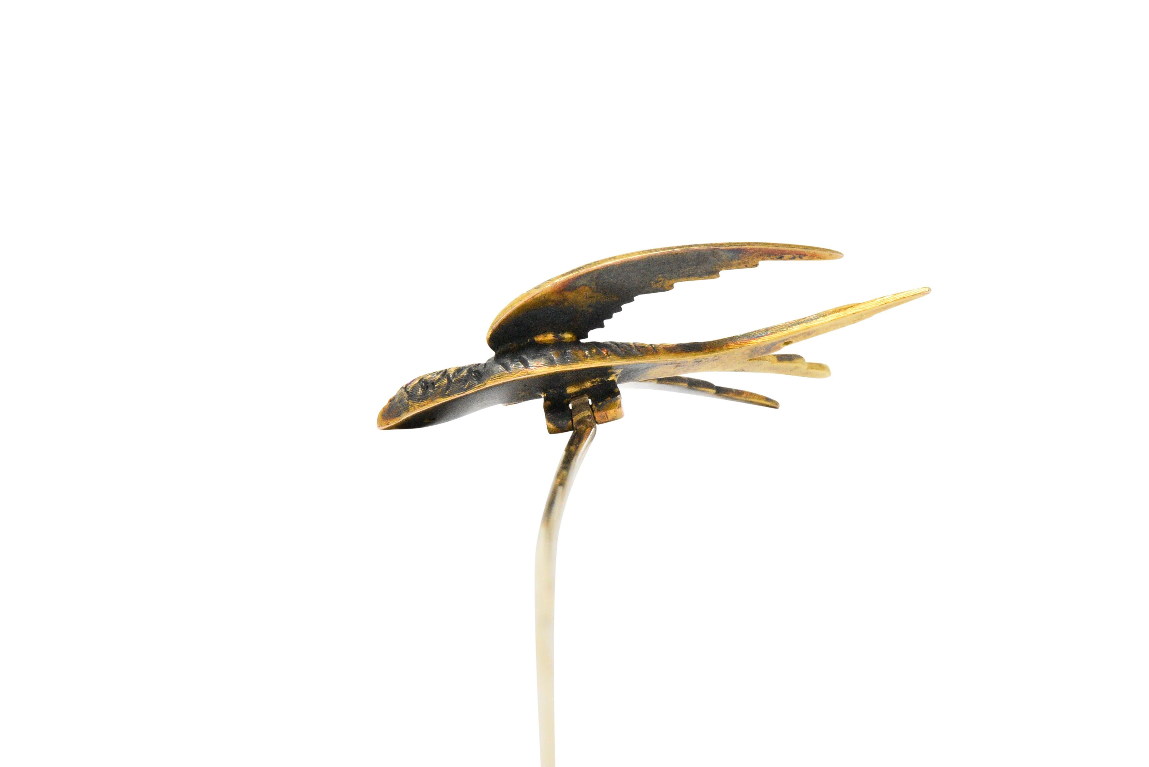 Women's or Men's Riker Bros Art Nouveau Ruby 14 Karat Gold Bird Hat Pin