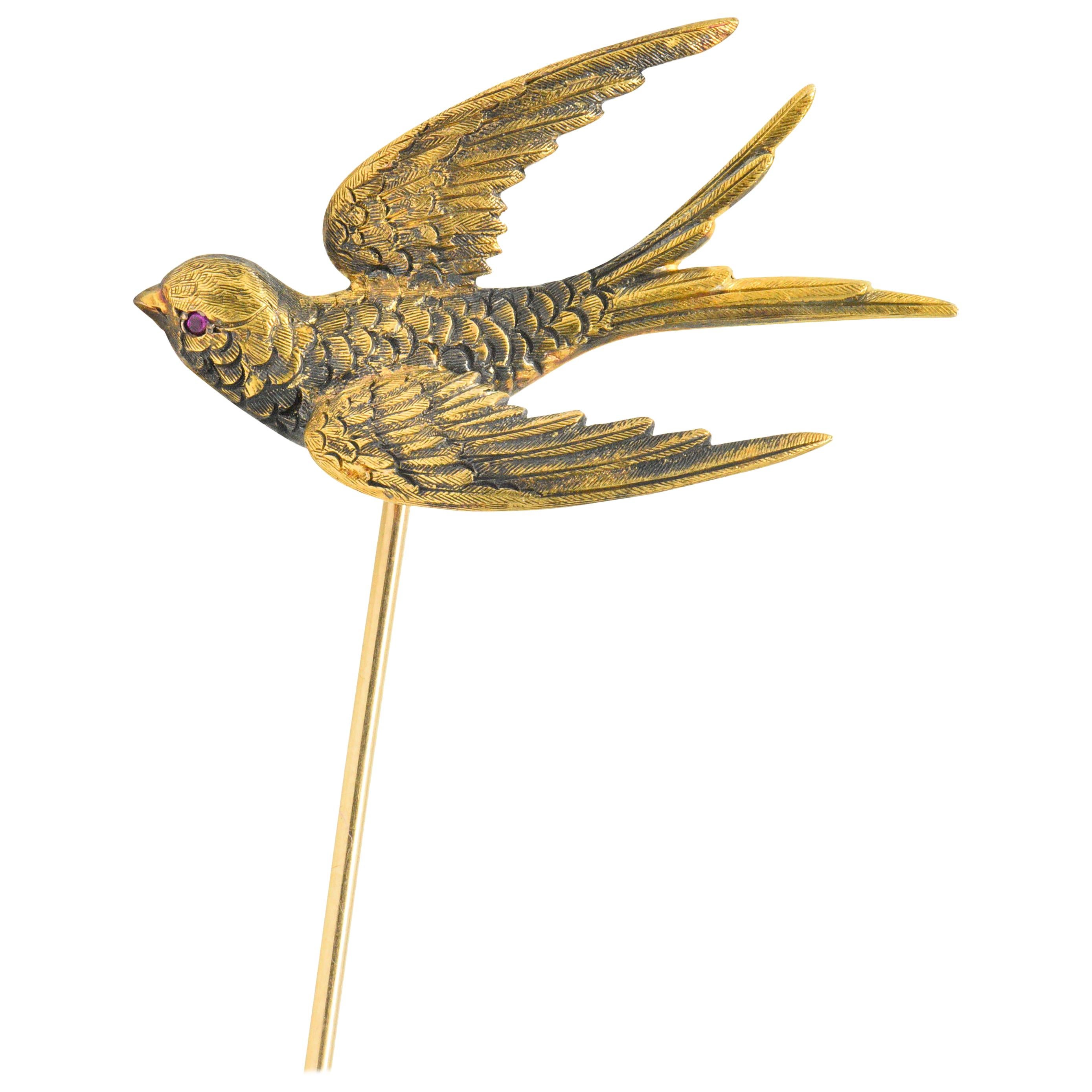 Riker Bros Art Nouveau Ruby 14 Karat Gold Bird Hat Pin
