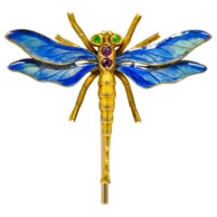 Riker Bros. Art Nouveau Ruby Demantoid Garnet Enamel 14 Gold Dragonfly Stickpin