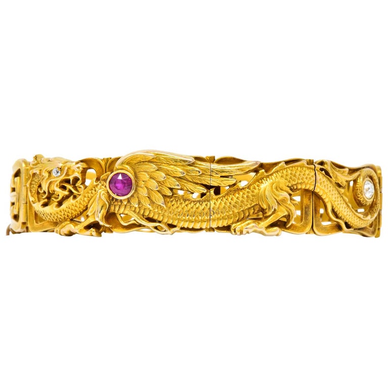 Riker Bros. Art Nouveau Ruby Diamond 14 Karat Gold Dragon Bracelet For