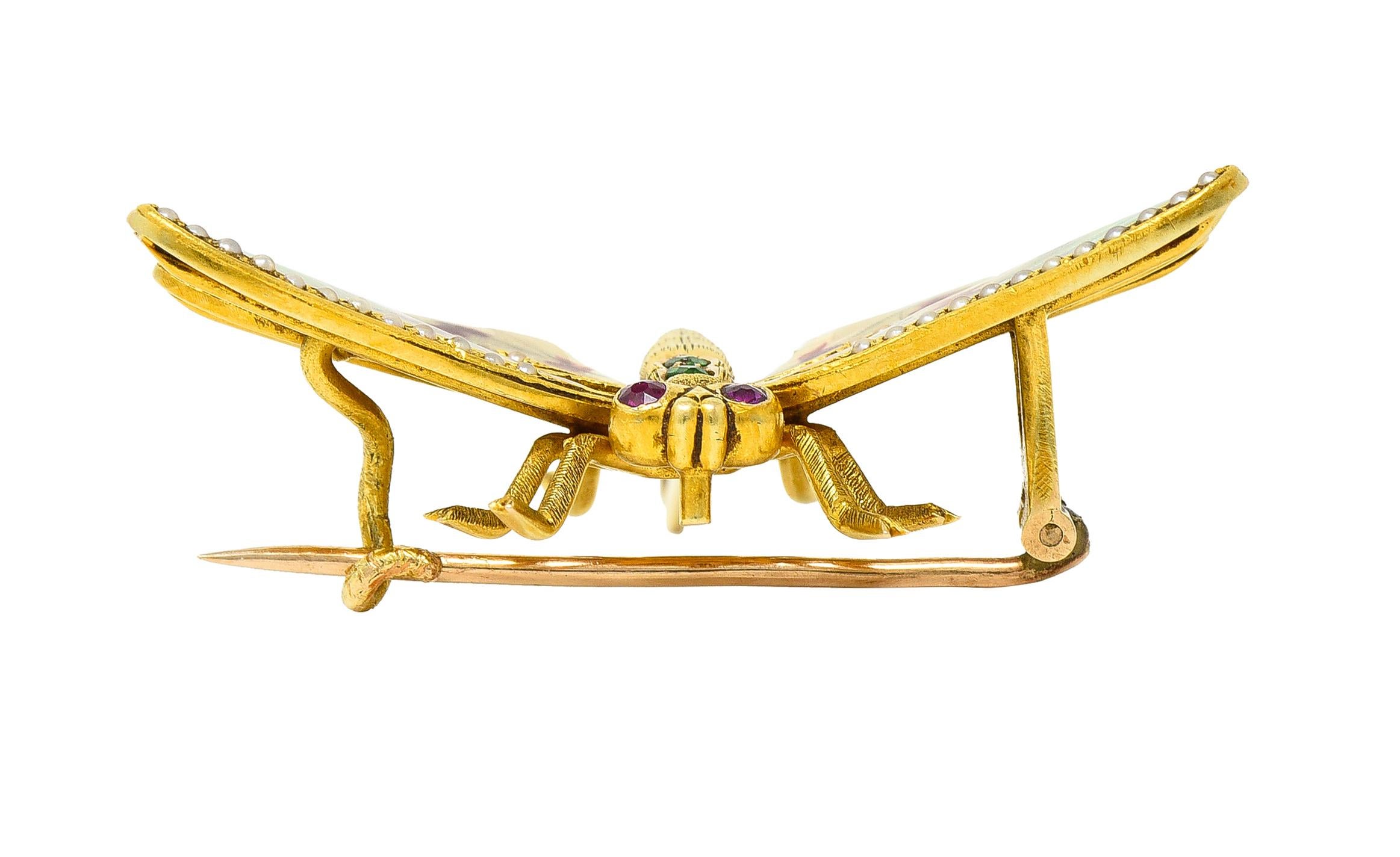 Riker Bros. Art Nouveau Ruby Garnet Pearl Basse-Taille 14 Karat Dragonfly Brooch For Sale 2