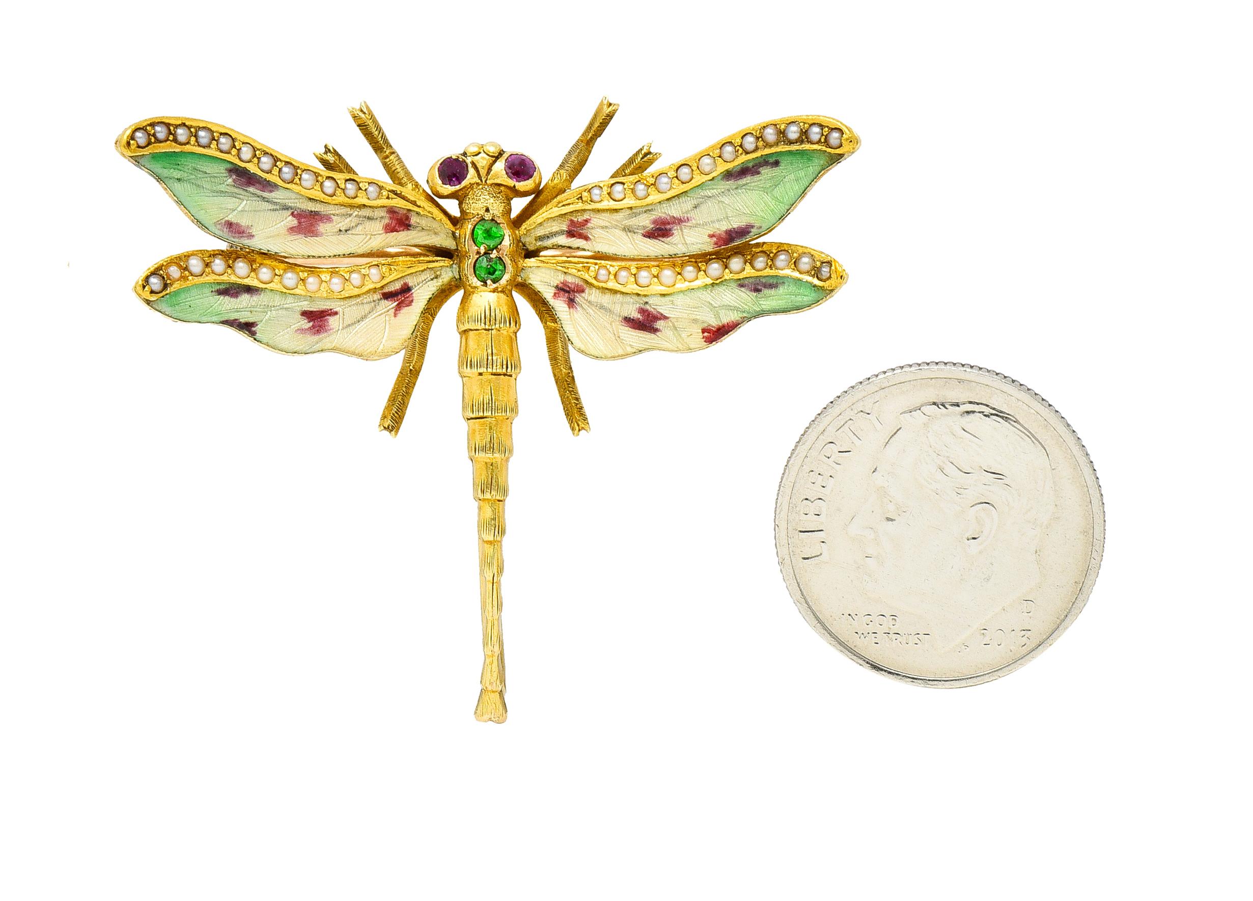 Riker Bros. Art Nouveau Ruby Garnet Pearl Basse-Taille 14 Karat Dragonfly Brooch For Sale 3