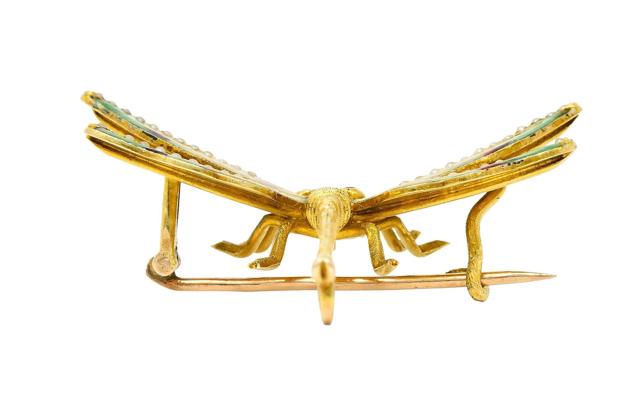 Women's or Men's Riker Bros. Art Nouveau Ruby Garnet Pearl Basse-Taille 14 Karat Dragonfly Brooch For Sale
