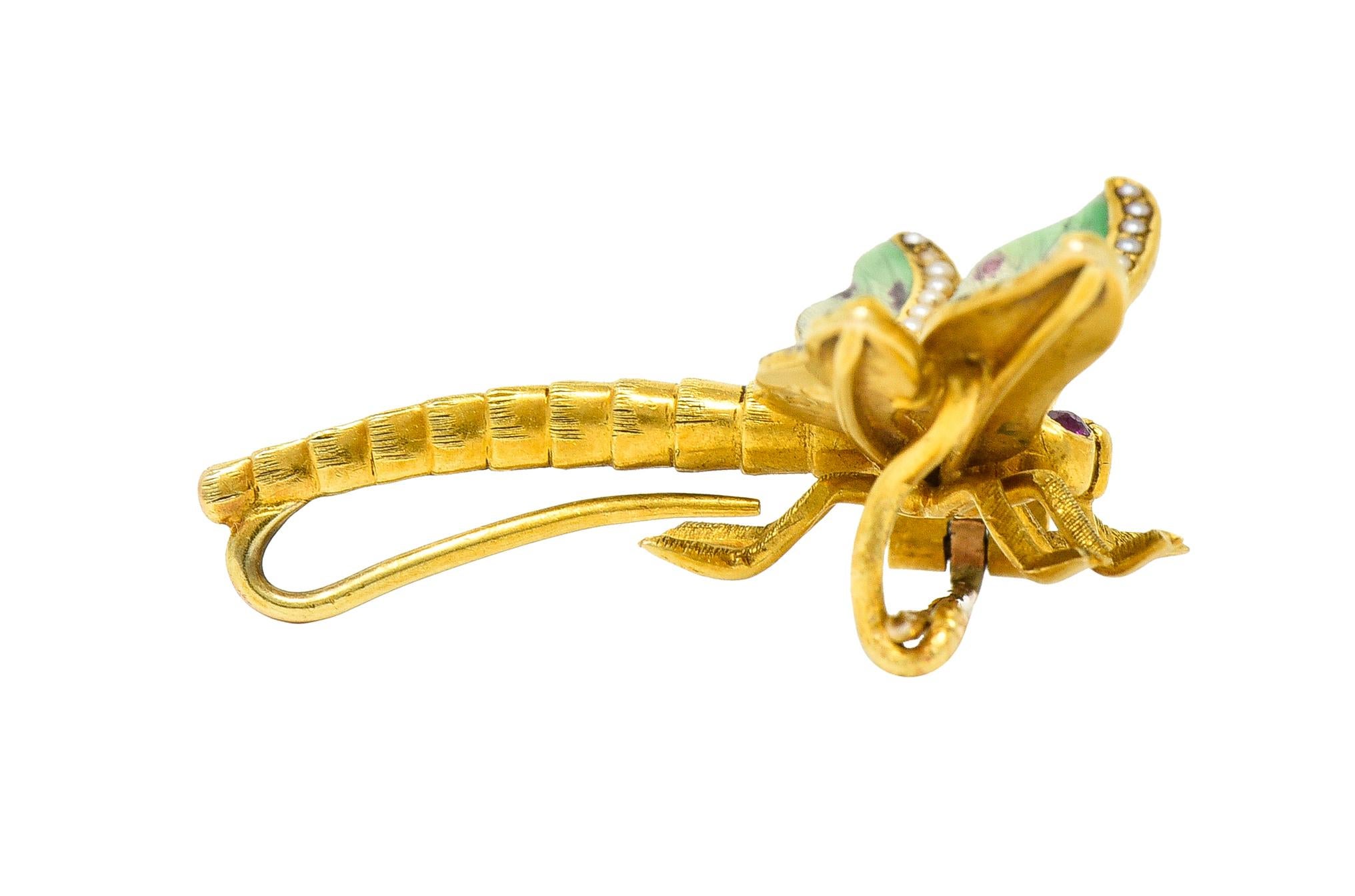 Riker Bros. Art Nouveau Ruby Garnet Pearl Basse-Taille 14 Karat Dragonfly Brooch For Sale 1