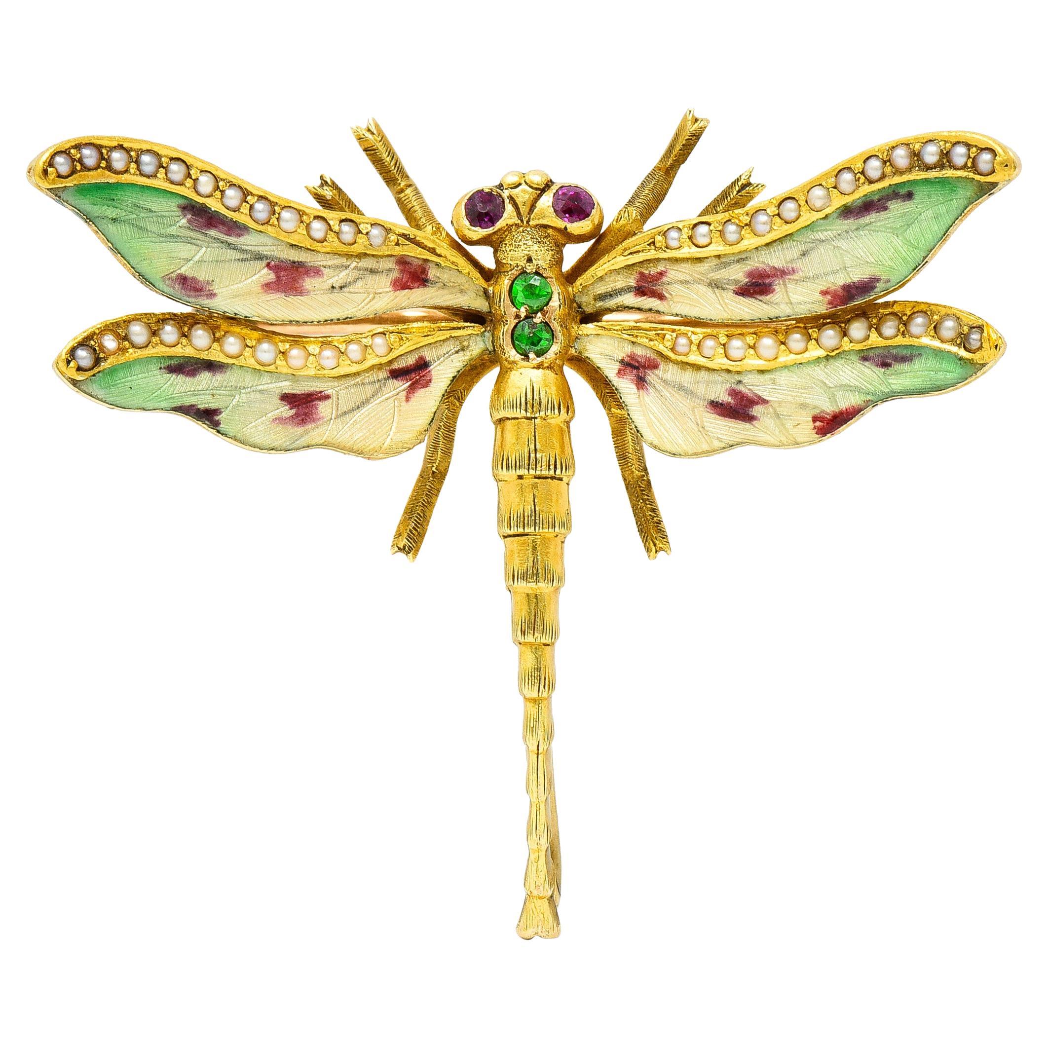 Riker Bros. Art Nouveau Ruby Garnet Pearl Basse-Taille 14 Karat Dragonfly Brooch