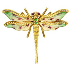 Riker Bros. Art Nouveau Ruby Garnet Pearl Basse-Taille 14 Karat Dragonfly Brooch