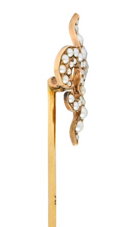 Riker Bros, Art Nouveau Seed Pearl 14 Karat Gold Fleur-de-Lis Stickpin