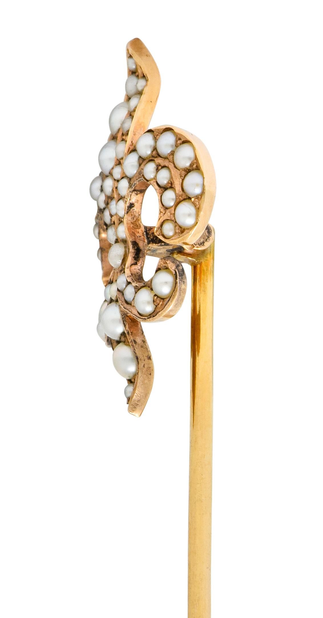 Riker Bros, Art Nouveau Seed Pearl 14 Karat Gold Fleur-de-Lis Stickpin In Excellent Condition In Philadelphia, PA