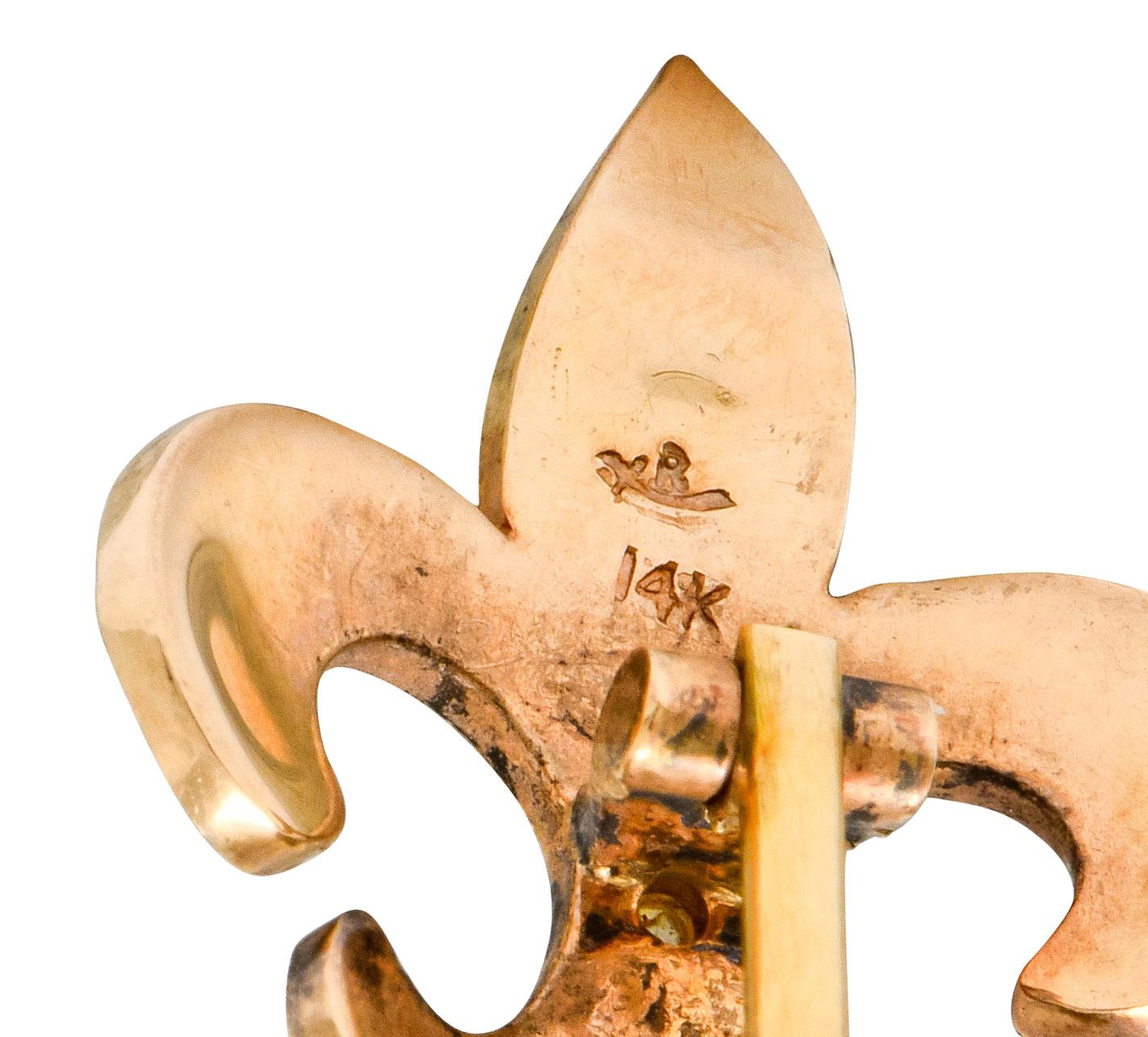 Riker Bros, Art Nouveau Seed Pearl 14 Karat Gold Fleur-de-Lis Stickpin 1