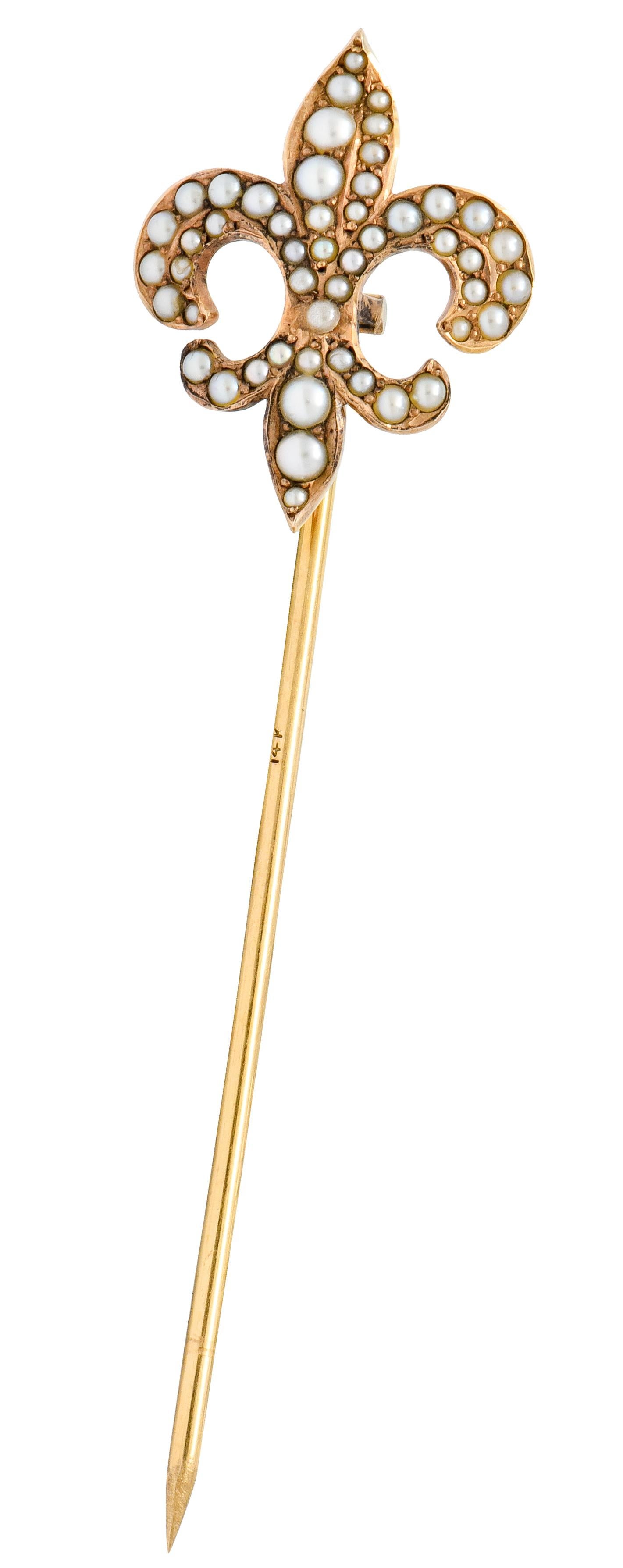 Riker Bros, Art Nouveau Seed Pearl 14 Karat Gold Fleur-de-Lis Stickpin 2