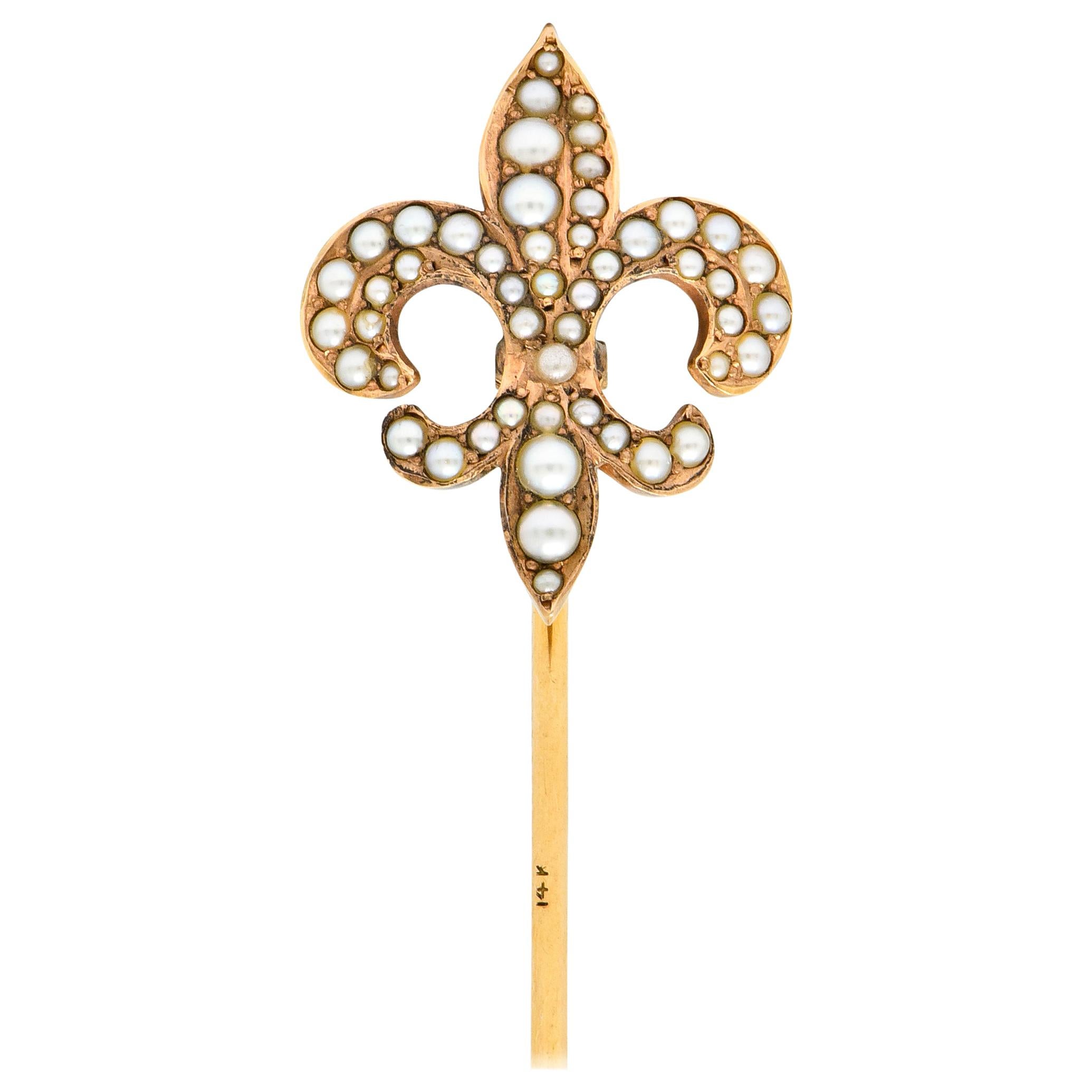 Riker Bros, Art Nouveau Seed Pearl 14 Karat Gold Fleur-de-Lis Stickpin
