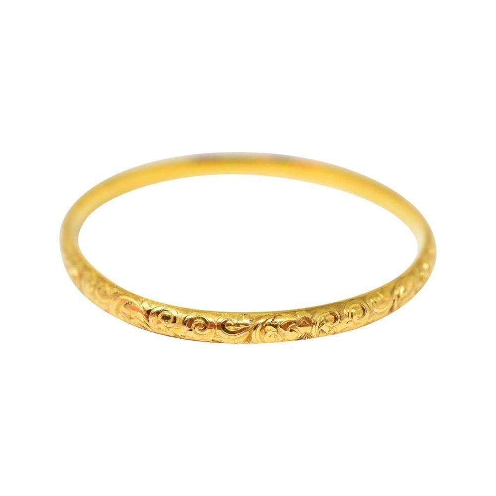 Art Nouveau Riker Bros. 14K Yellow Gold Bangle Bracelet 
Circa 1900 / Riker Brothers Makers Mark
Beautiful Floral & Swirly French Design 
Fits a 2 1/2