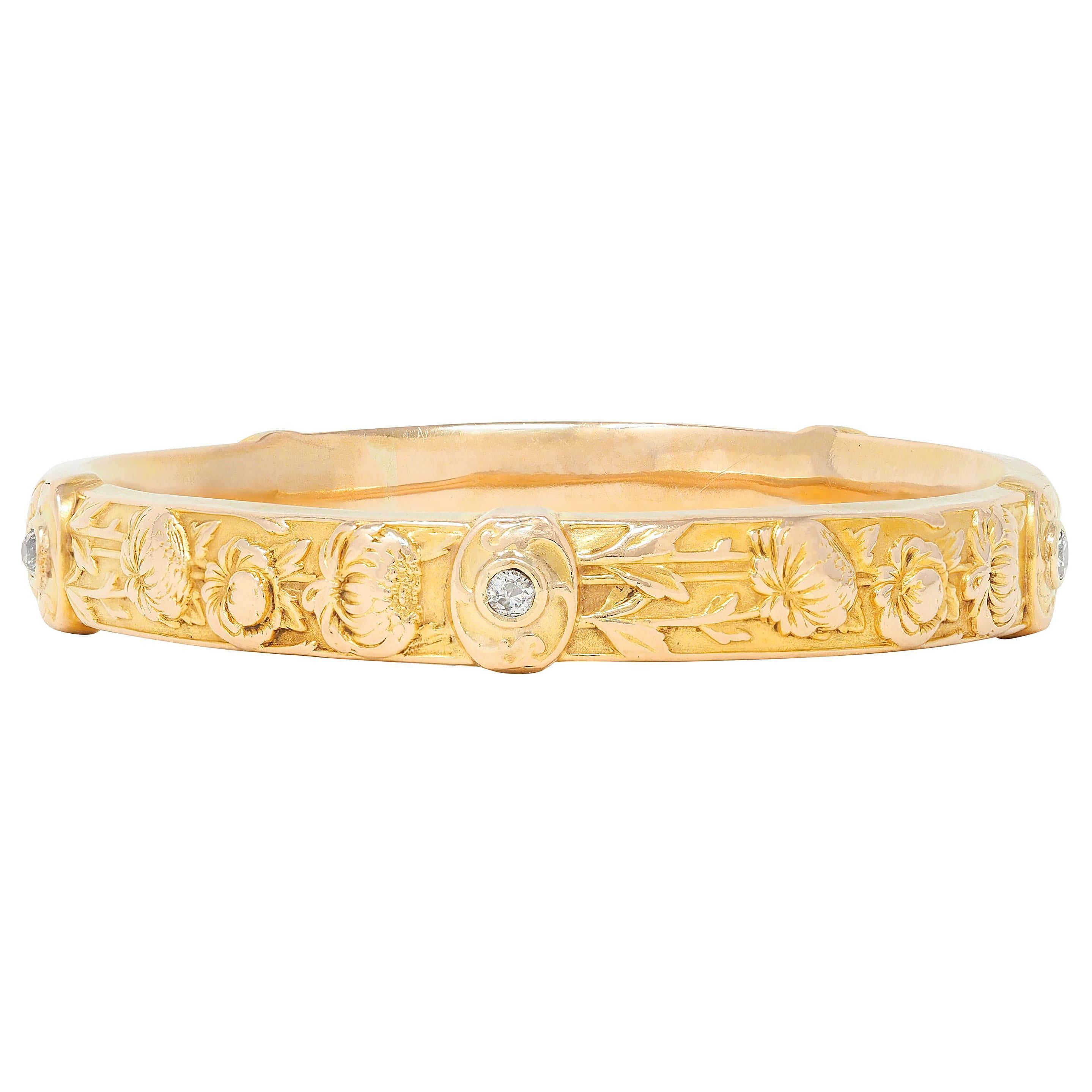 Riker Brothers Jugendstil Diamant 14K Gold Antike Chrysantheme Armreif Armband (Art nouveau) im Angebot