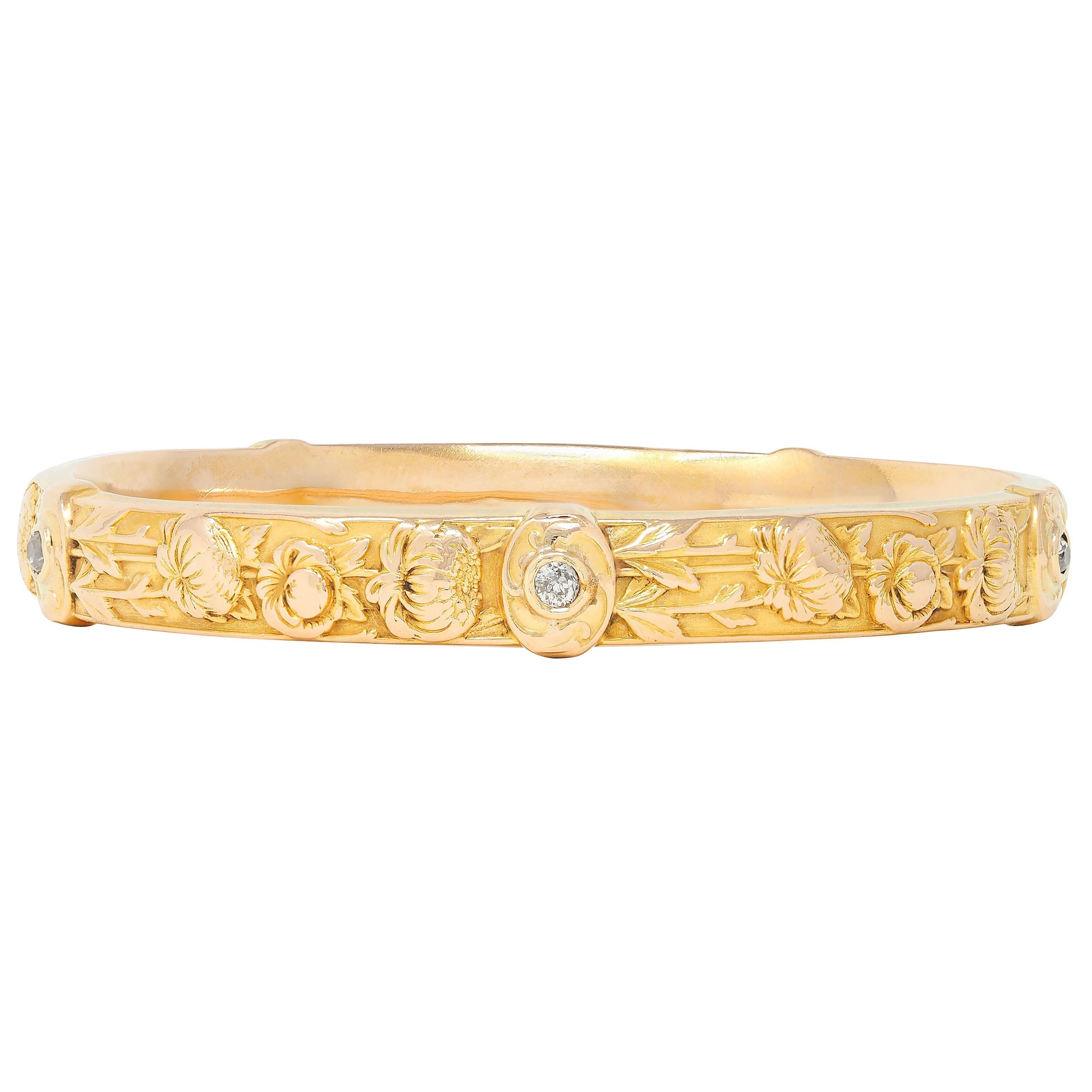 Riker Brothers Jugendstil Diamant 14K Gold Antike Chrysantheme Armreif Armband (Alteuropäischer Schliff) im Angebot