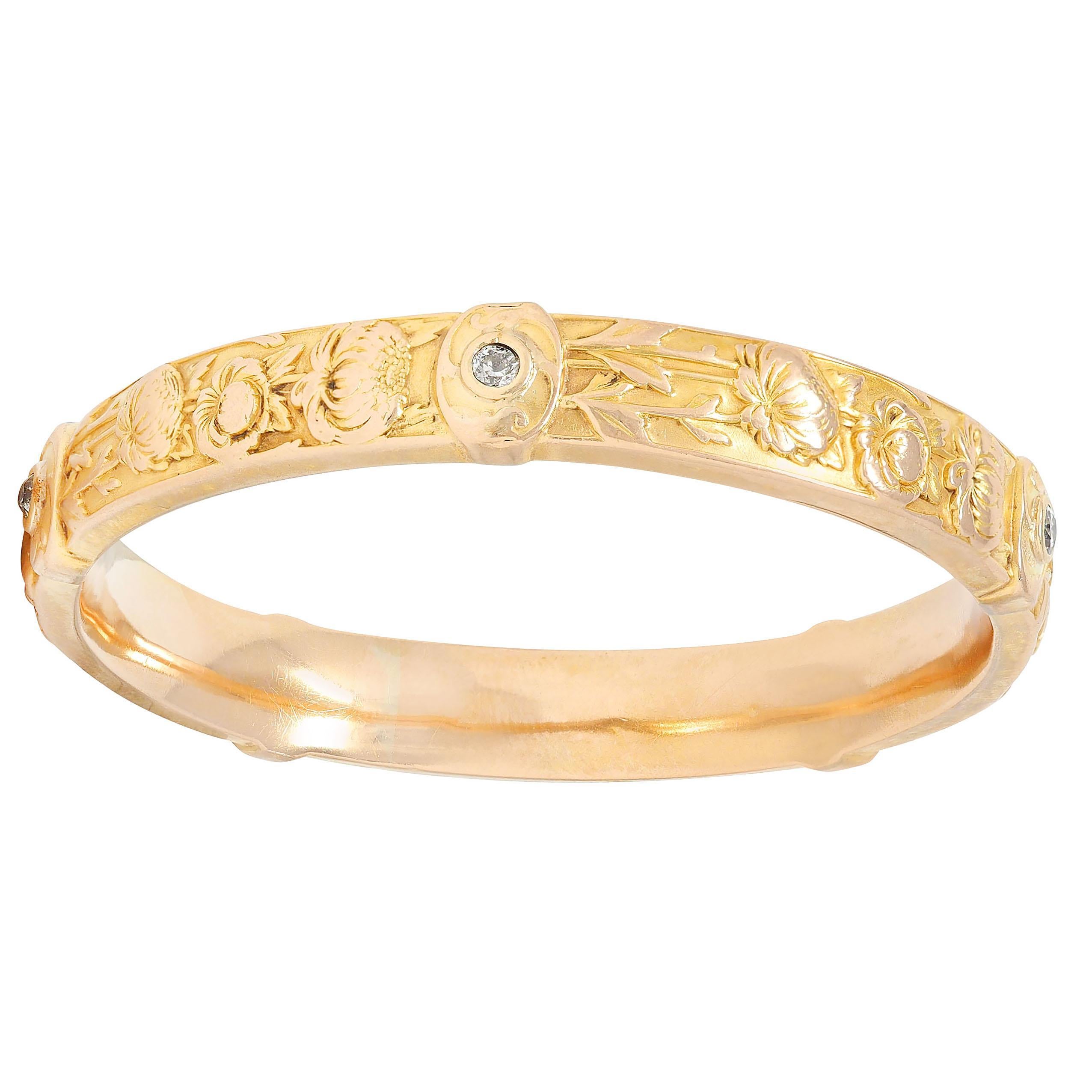 Riker Brothers Jugendstil Diamant 14K Gold Antike Chrysantheme Armreif Armband für Damen oder Herren im Angebot