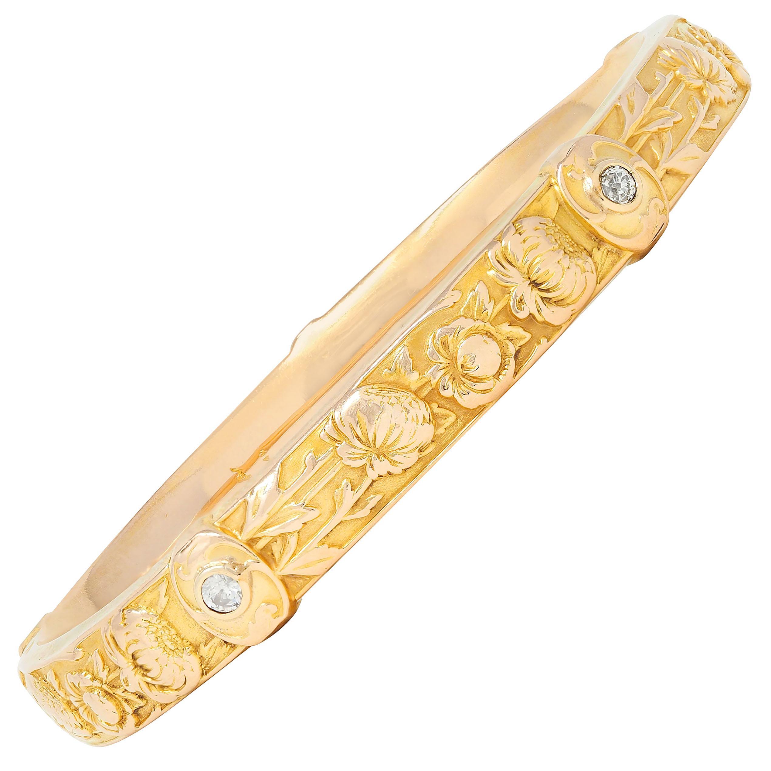 Riker Brothers Jugendstil Diamant 14K Gold Antike Chrysantheme Armreif Armband im Angebot