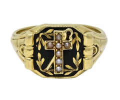 Anillo de sello unisex con cruz de luto antigua de oro amarillo de 14 quilates y esmalte Riker Brothers