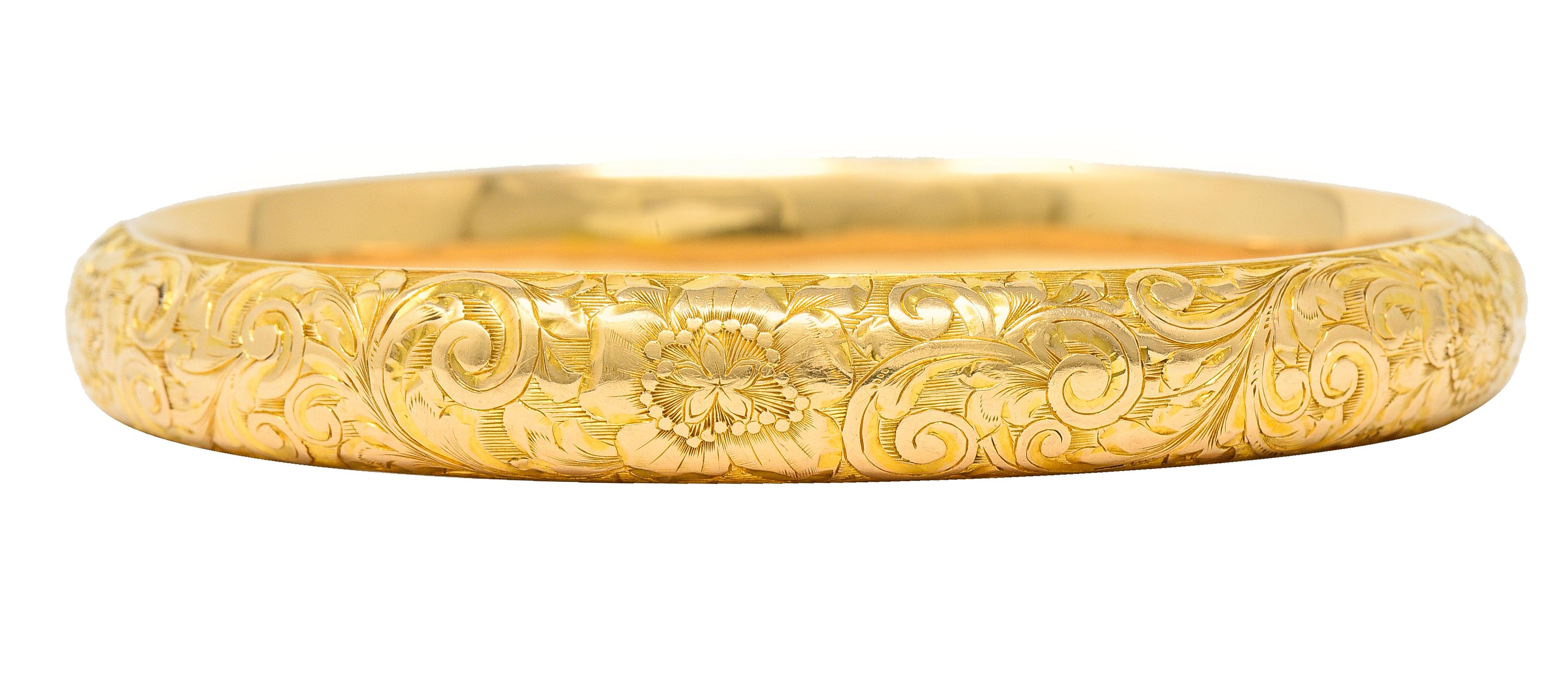 Women's or Men's Riker Brothers Art Nouveau 14 Karat Gold Cherry Blossom Antique Bangle Bracelet