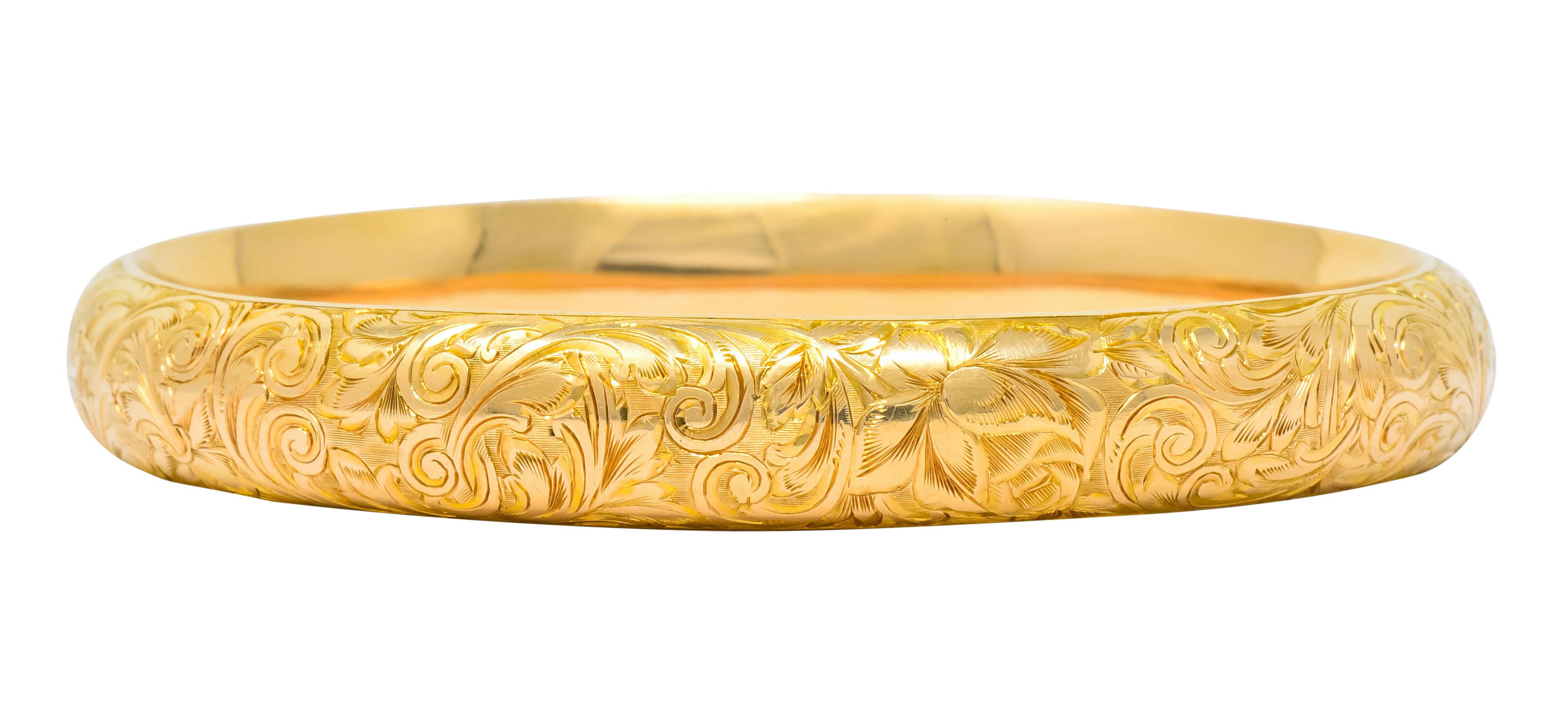 Riker Brothers Art Nouveau 14 Karat Gold Floral Bangle Bracelet In Excellent Condition In Philadelphia, PA