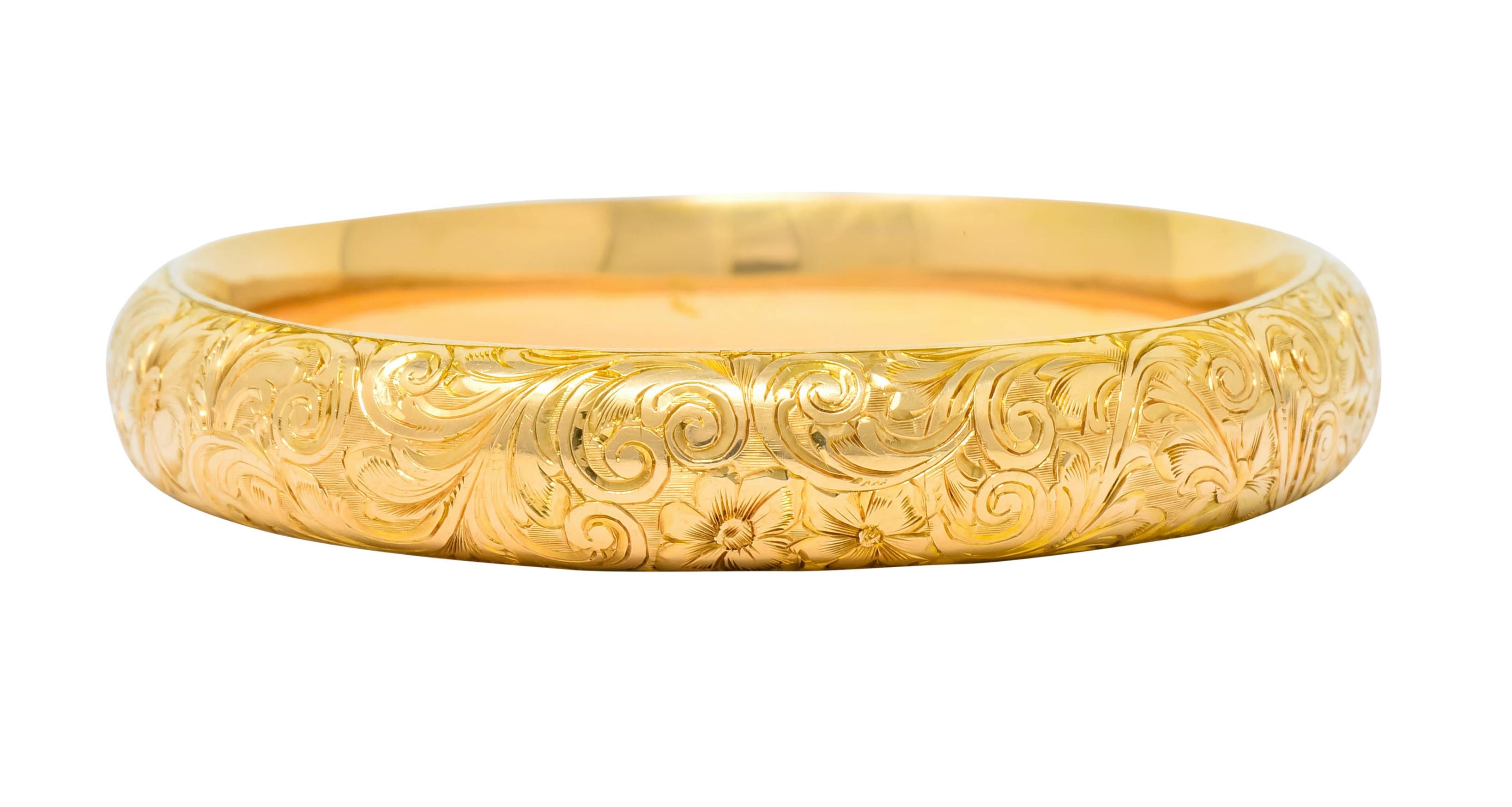 Women's or Men's Riker Brothers Art Nouveau 14 Karat Gold Floral Bangle Bracelet