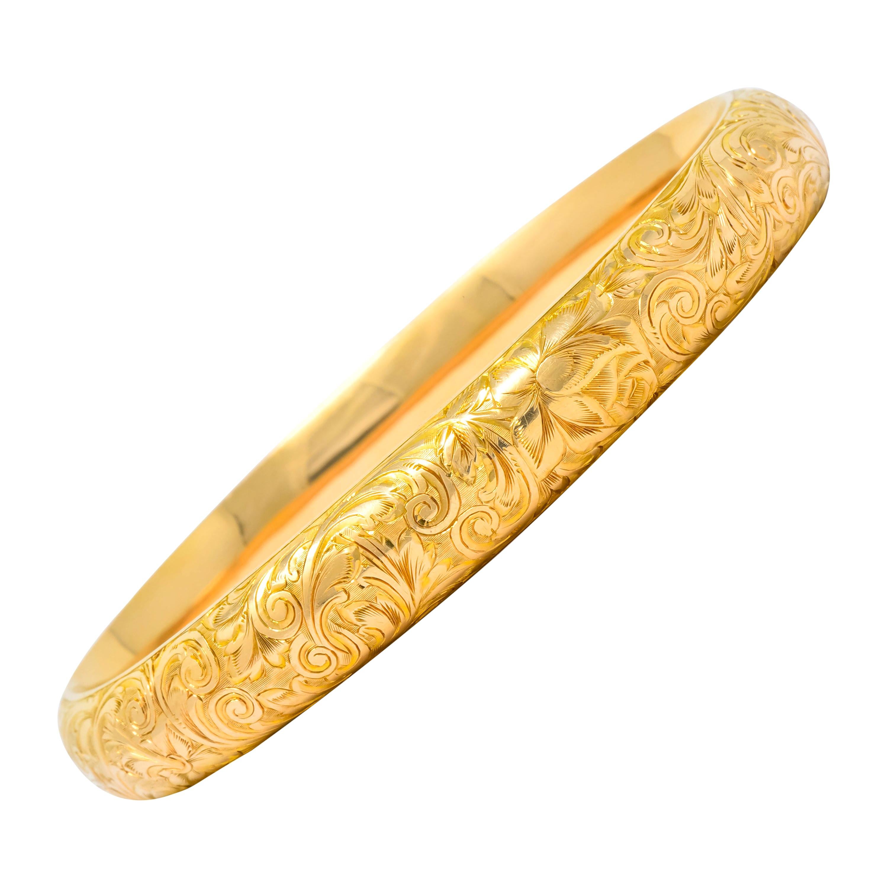 Riker Brothers Art Nouveau 14 Karat Gold Floral Bangle Bracelet