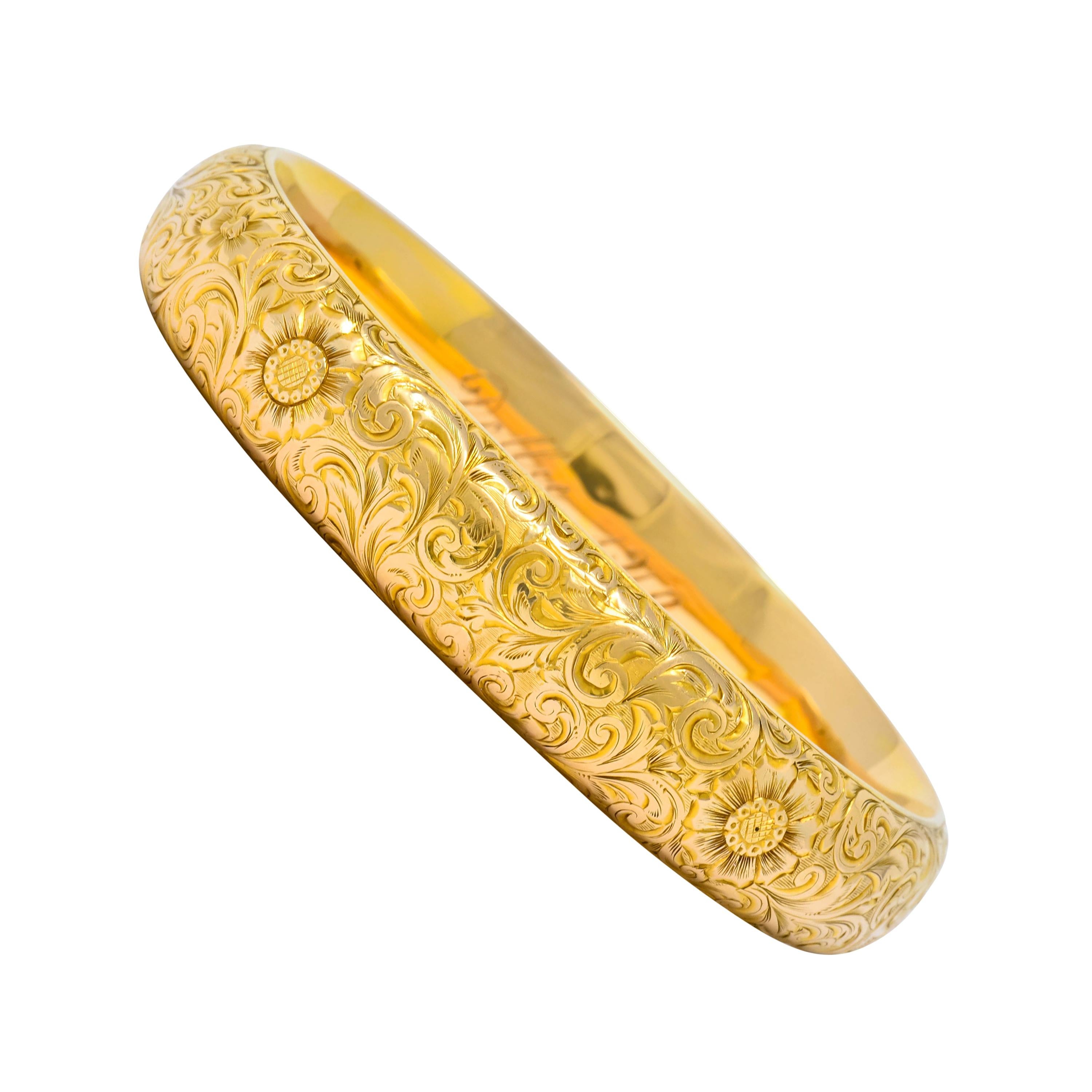 Riker Brothers Art Nouveau 14 Karat Gold Foliate Floral Bangle Bracelet C. 1900