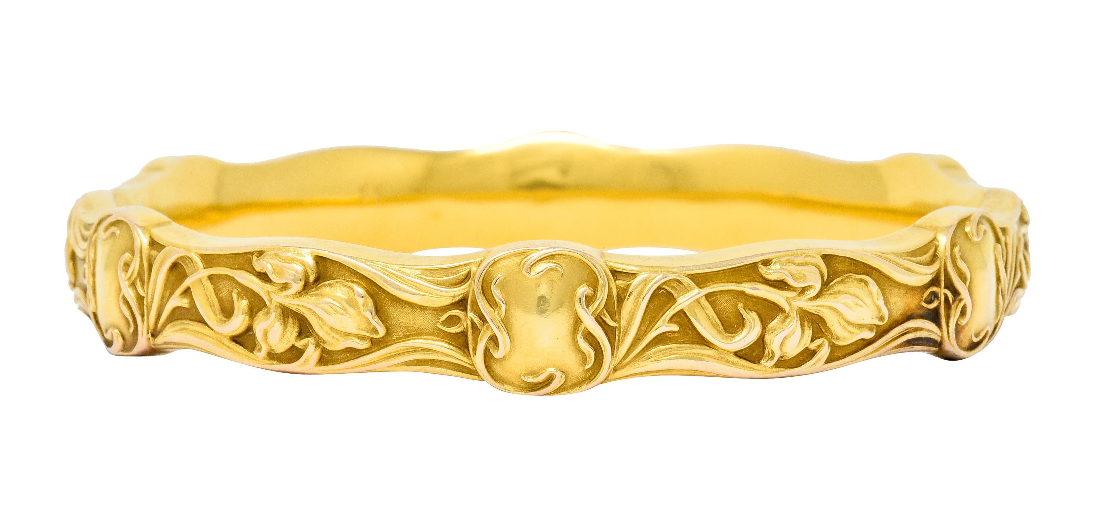 Women's or Men's Riker Brothers Art Nouveau 14 Karat Gold Iris Flower Bangle Bracelet