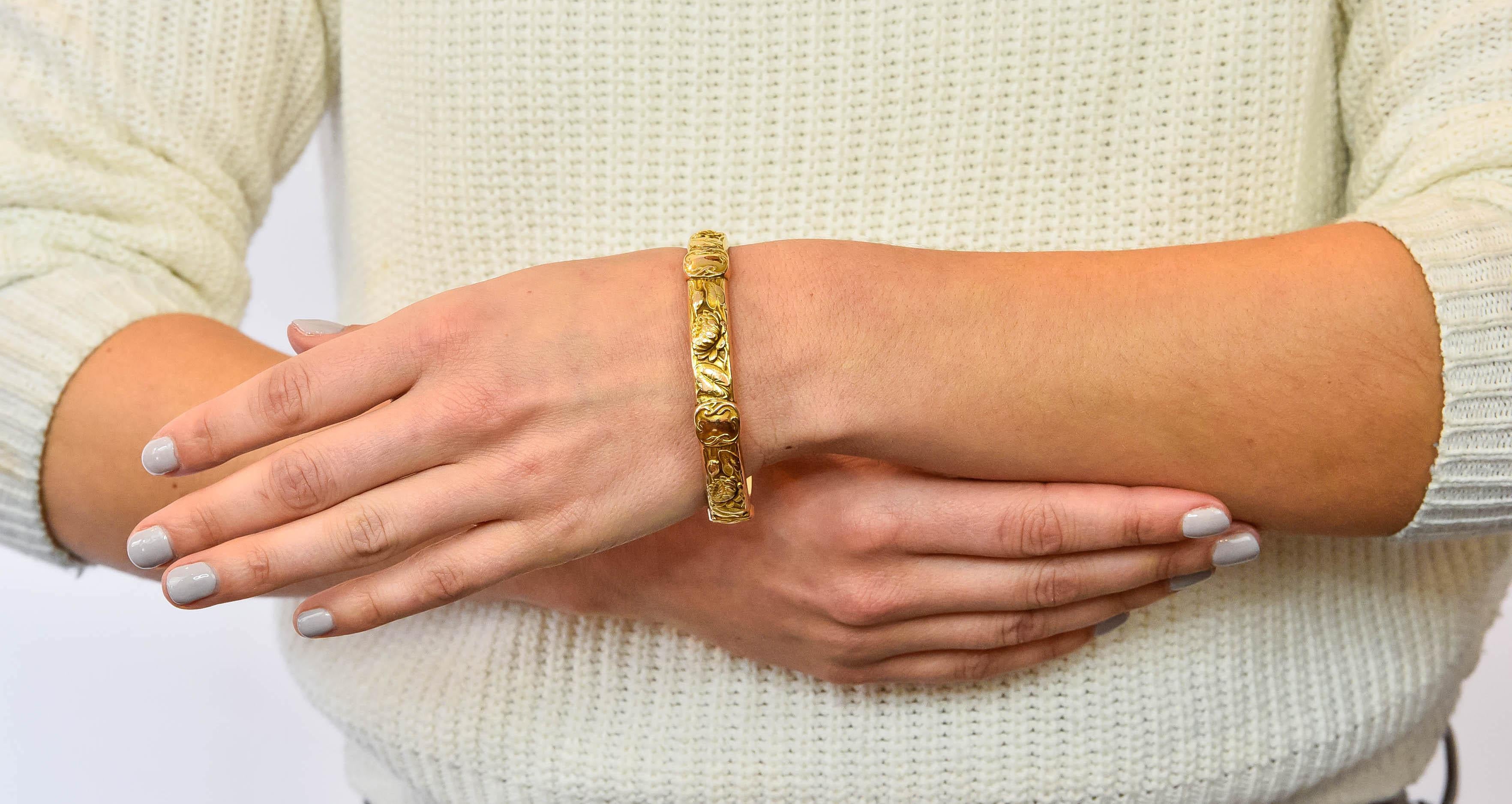 Riker Brothers Art Nouveau 14 Karat Gold Lotus Lily Pad Bangle Bracelet 3