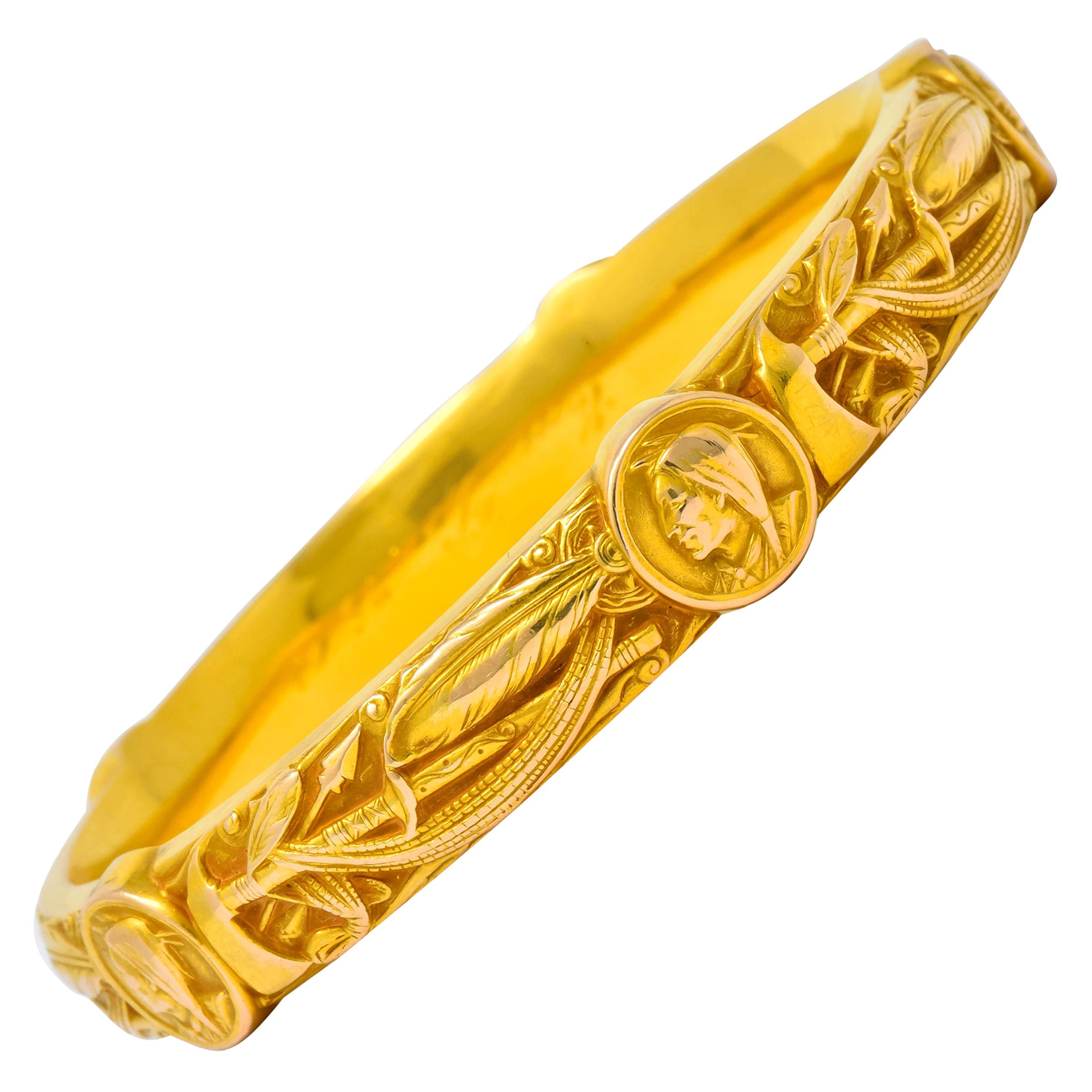 Riker Brothers Nouveau 14 Karat Gold Native American Bangle Bracelet