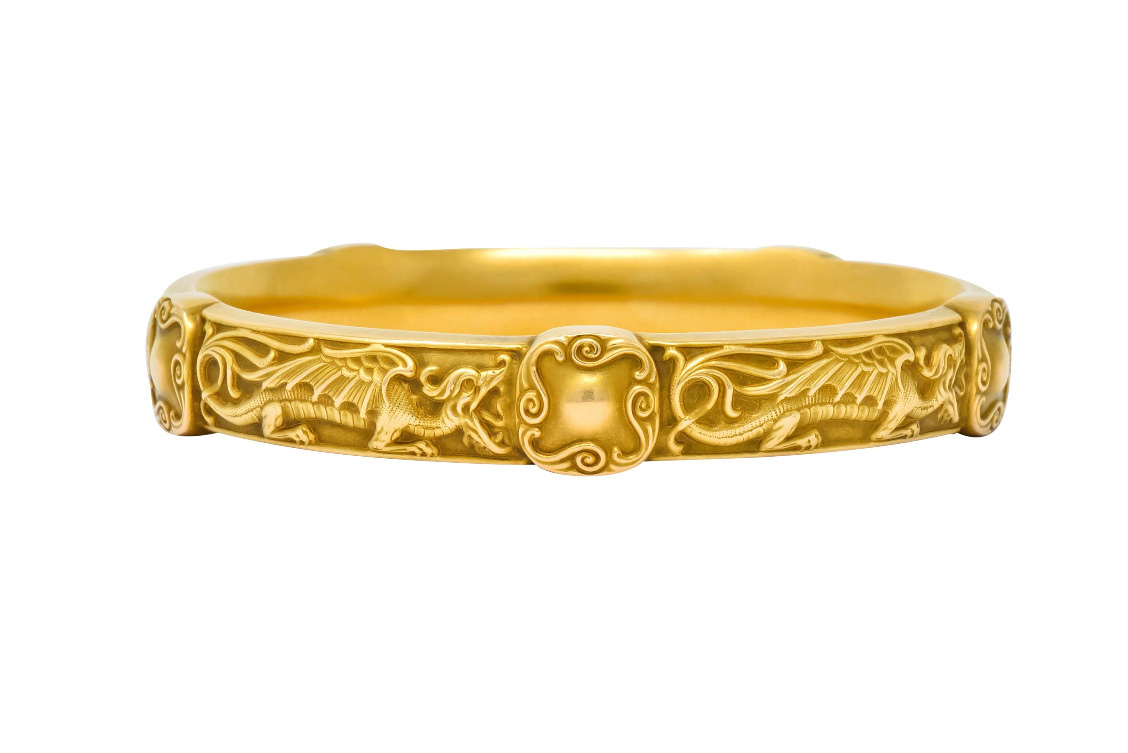 Riker Brothers Art Nouveau 14 Karat Gold Dragon Bangle Bracelet In Excellent Condition In Philadelphia, PA