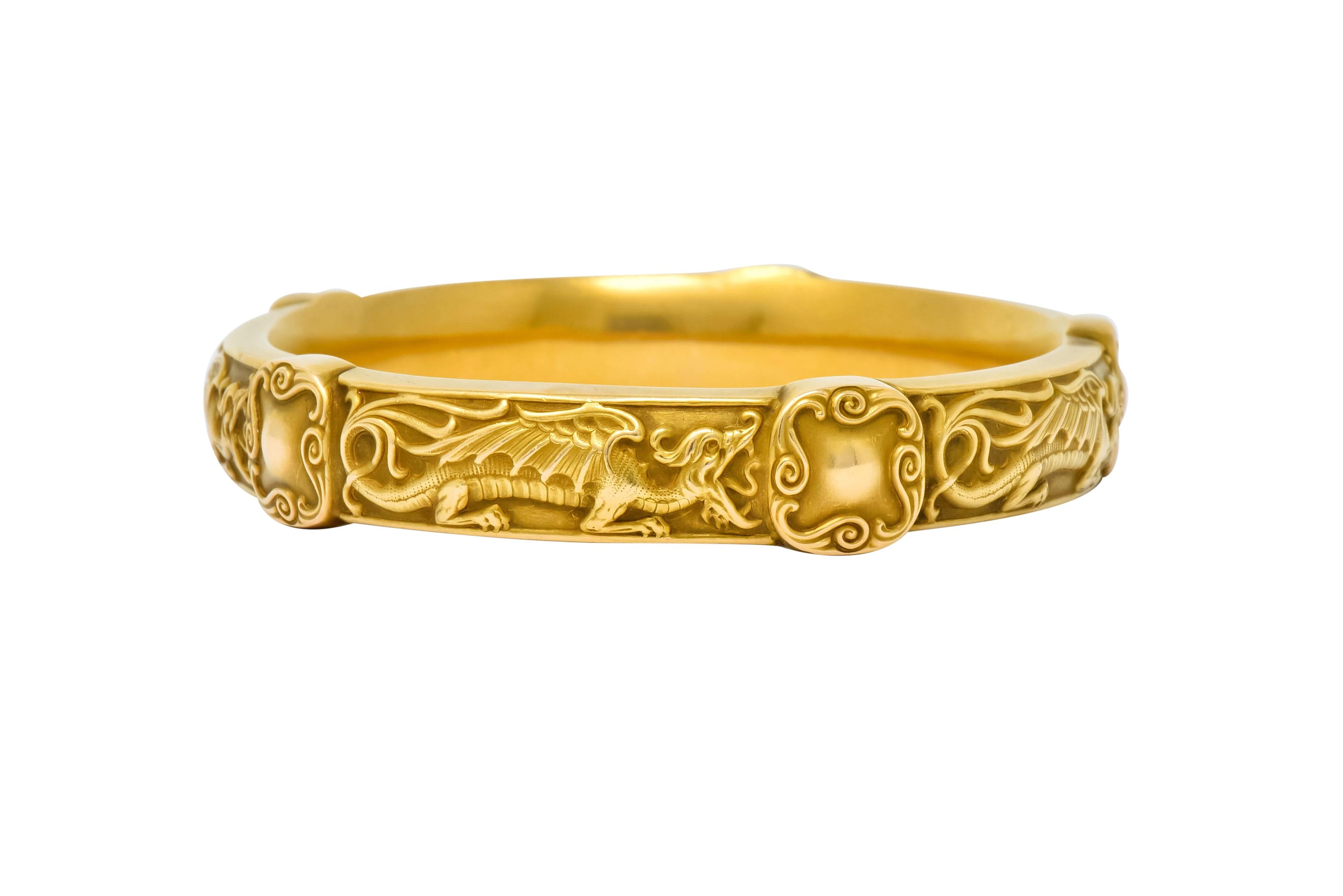 Women's or Men's Riker Brothers Art Nouveau 14 Karat Gold Dragon Bangle Bracelet