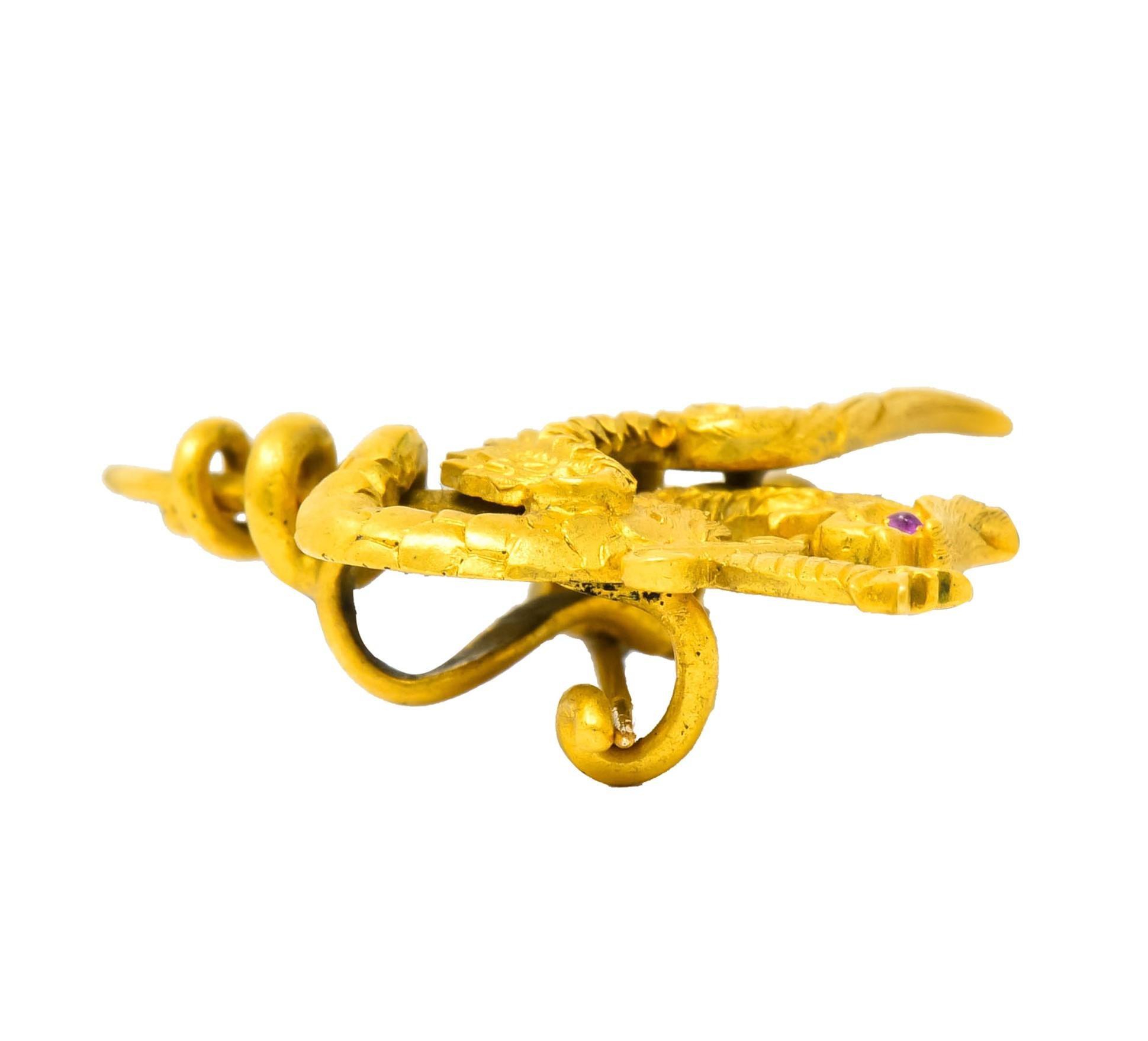 Riker Brothers Art Nouveau 14 Karat Gold Slayed Dragon Brooch, circa 1900 In Excellent Condition In Philadelphia, PA