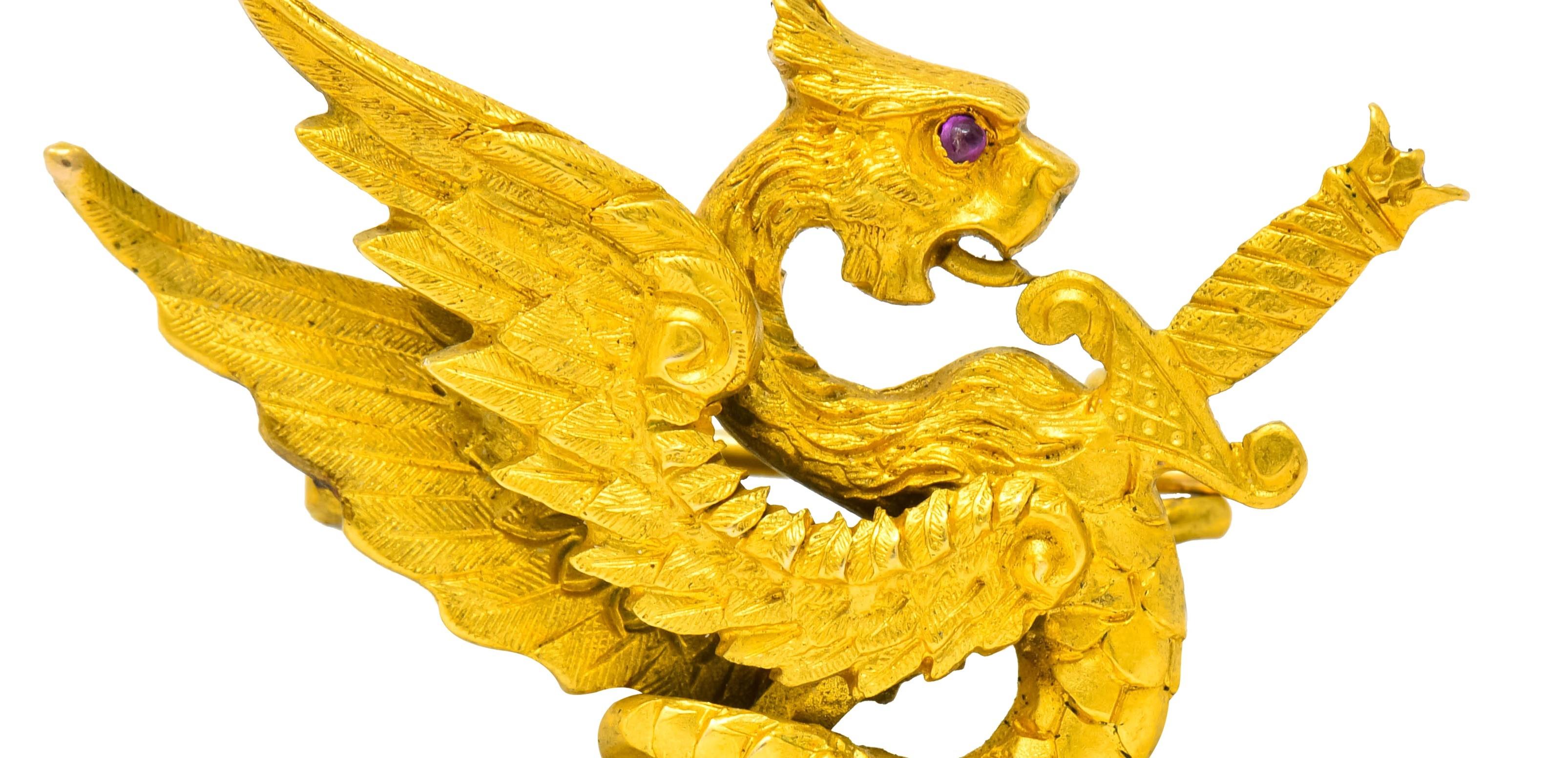 Riker Brothers Art Nouveau 14 Karat Gold Slayed Dragon Brooch, circa 1900 1