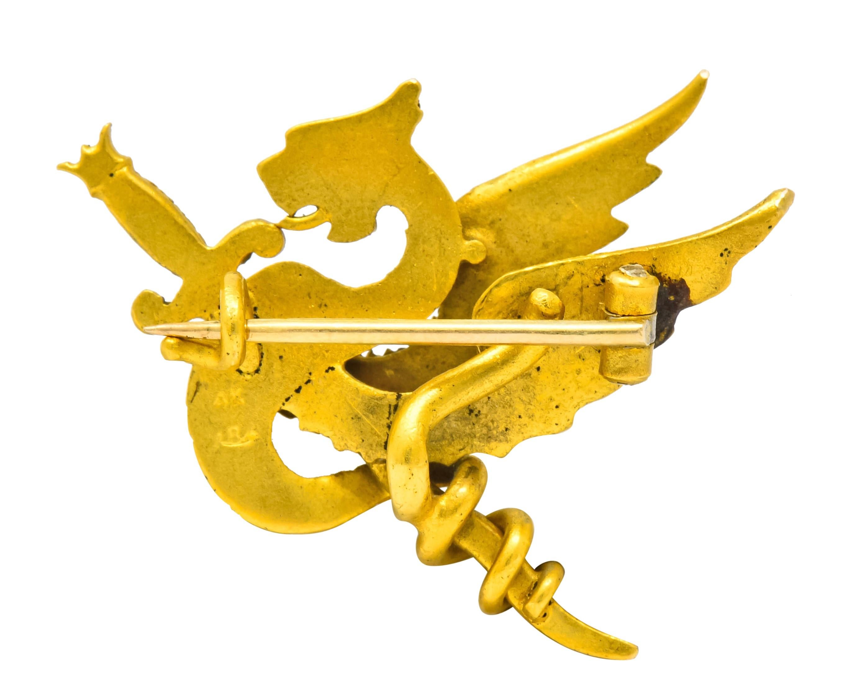 Riker Brothers Art Nouveau 14 Karat Gold Slayed Dragon Brooch, circa 1900 3